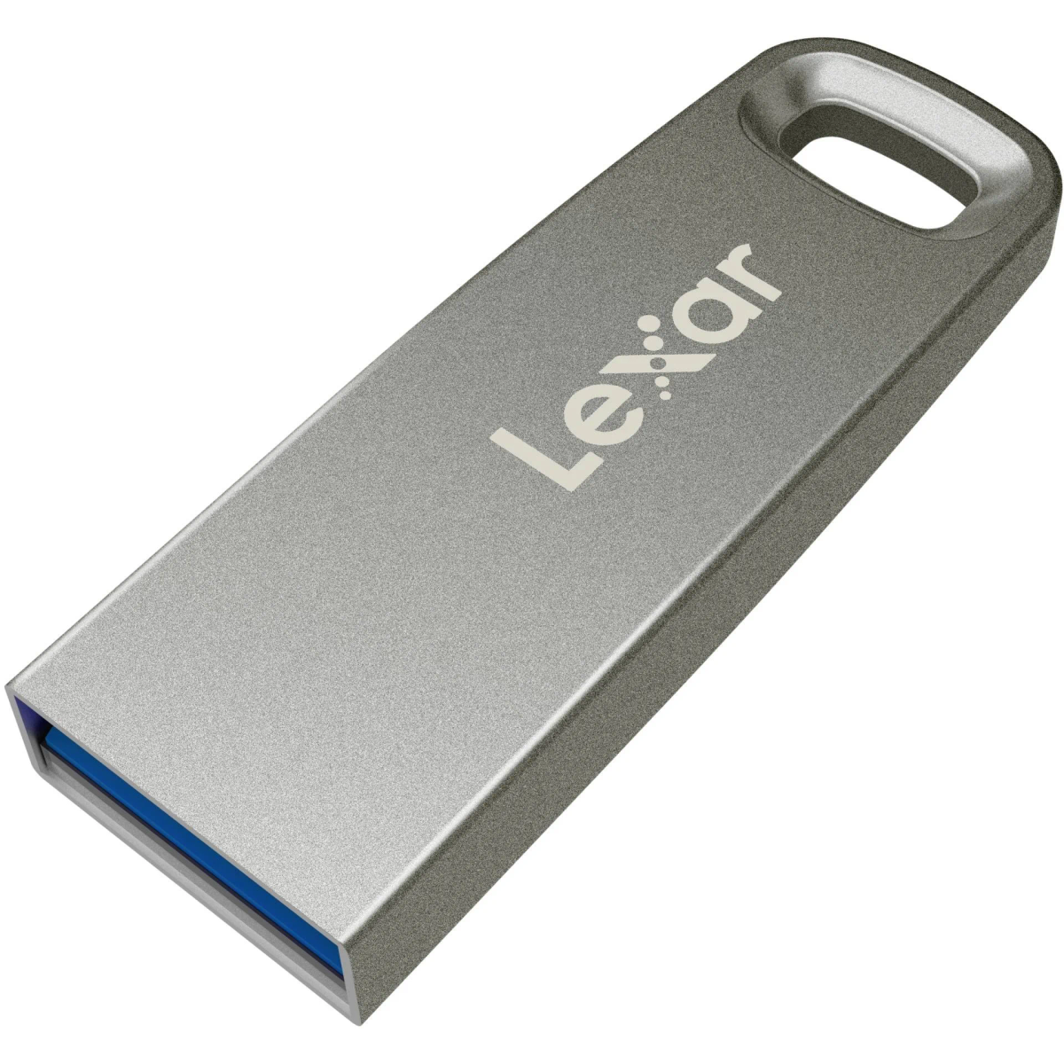 Srebrny pendrive Lexar. Posiada małą pętlę do mocowania do breloczka.