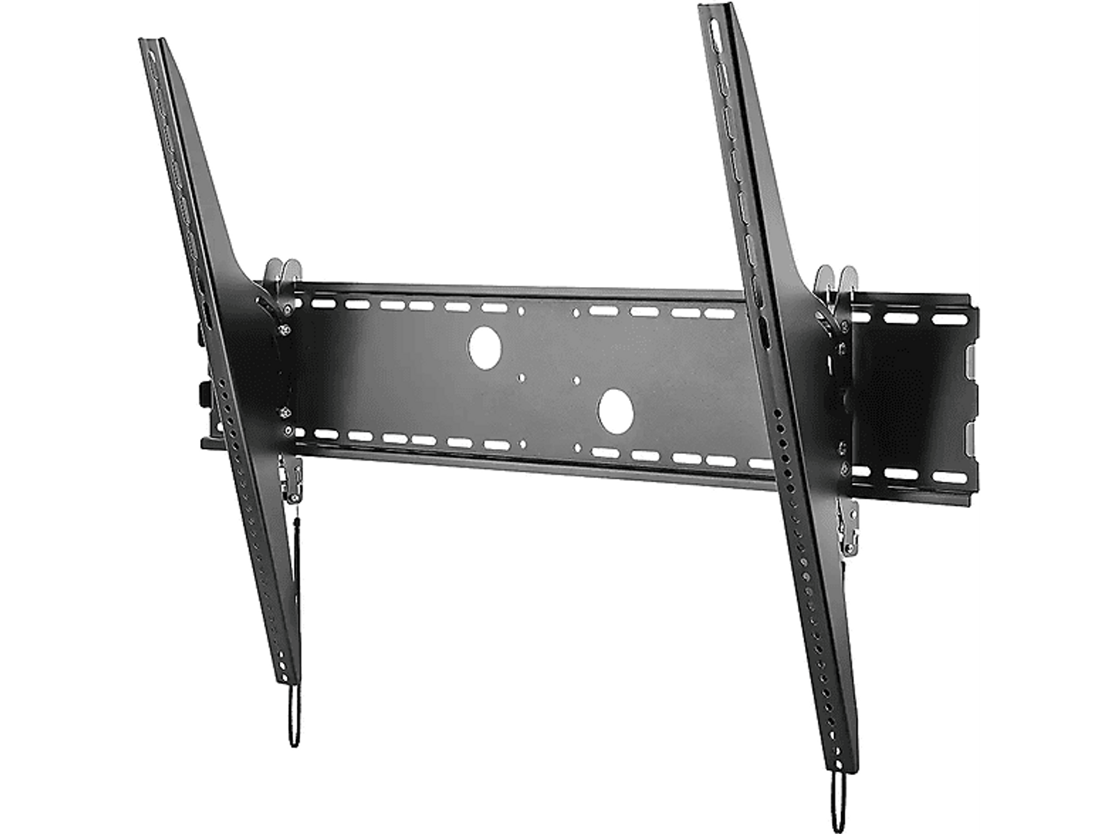 Schwarze TV-Wandhalterung. Abgewinkelte Arme, die sich von einer zentralen Montageplatte erstrecken. Weißer Hintergrund.