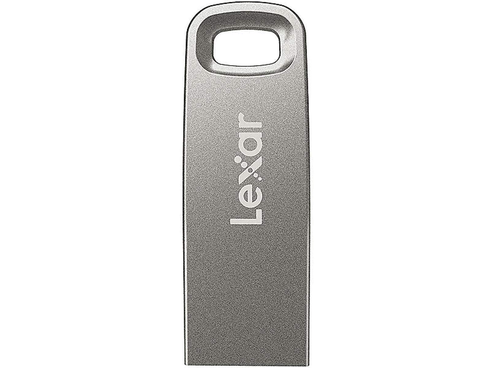 Srebrny pendrive z napisem 'Lexar' na czarnym tle.