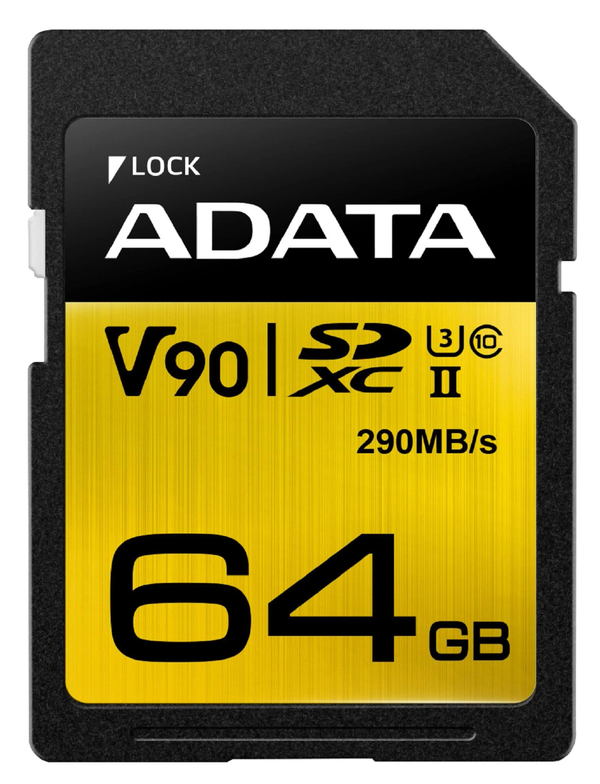 Une carte SD ADATA. Elle est noire et jaune avec le logo ADATA, des spécifications et un interrupteur de verrouillage.