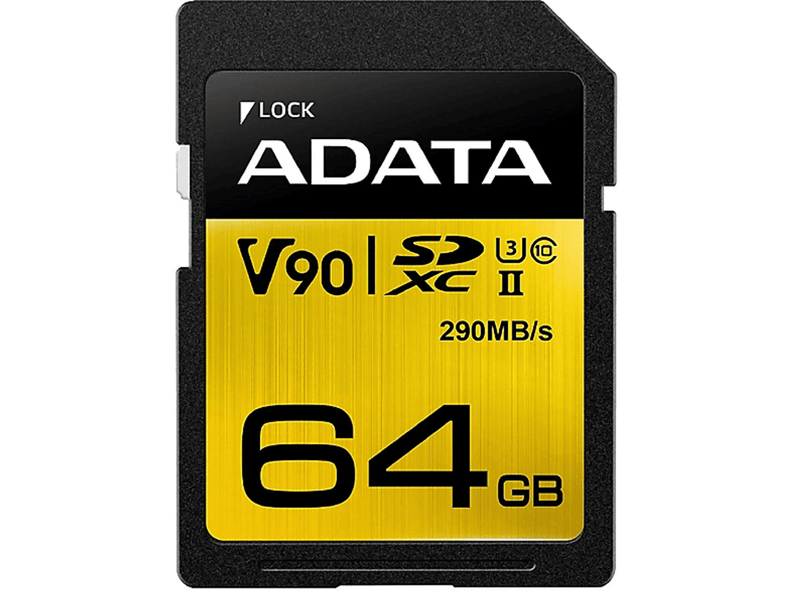 Carte SD noire ADATA, 64 Go, V90, avec étiquette jaune.