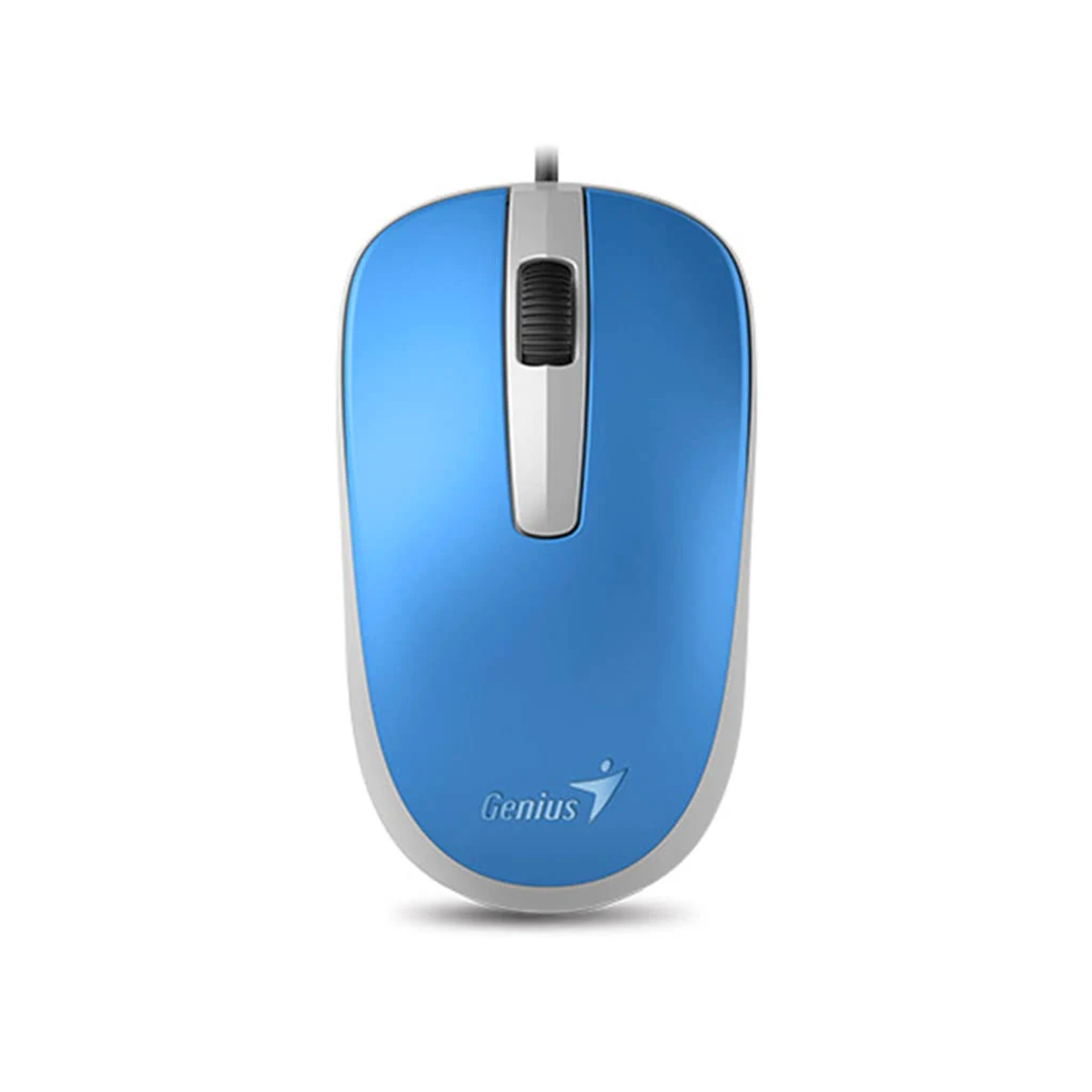 Eine blau-weiße Computermaus mit dem 'Genius'-Logo auf weißem Hintergrund.