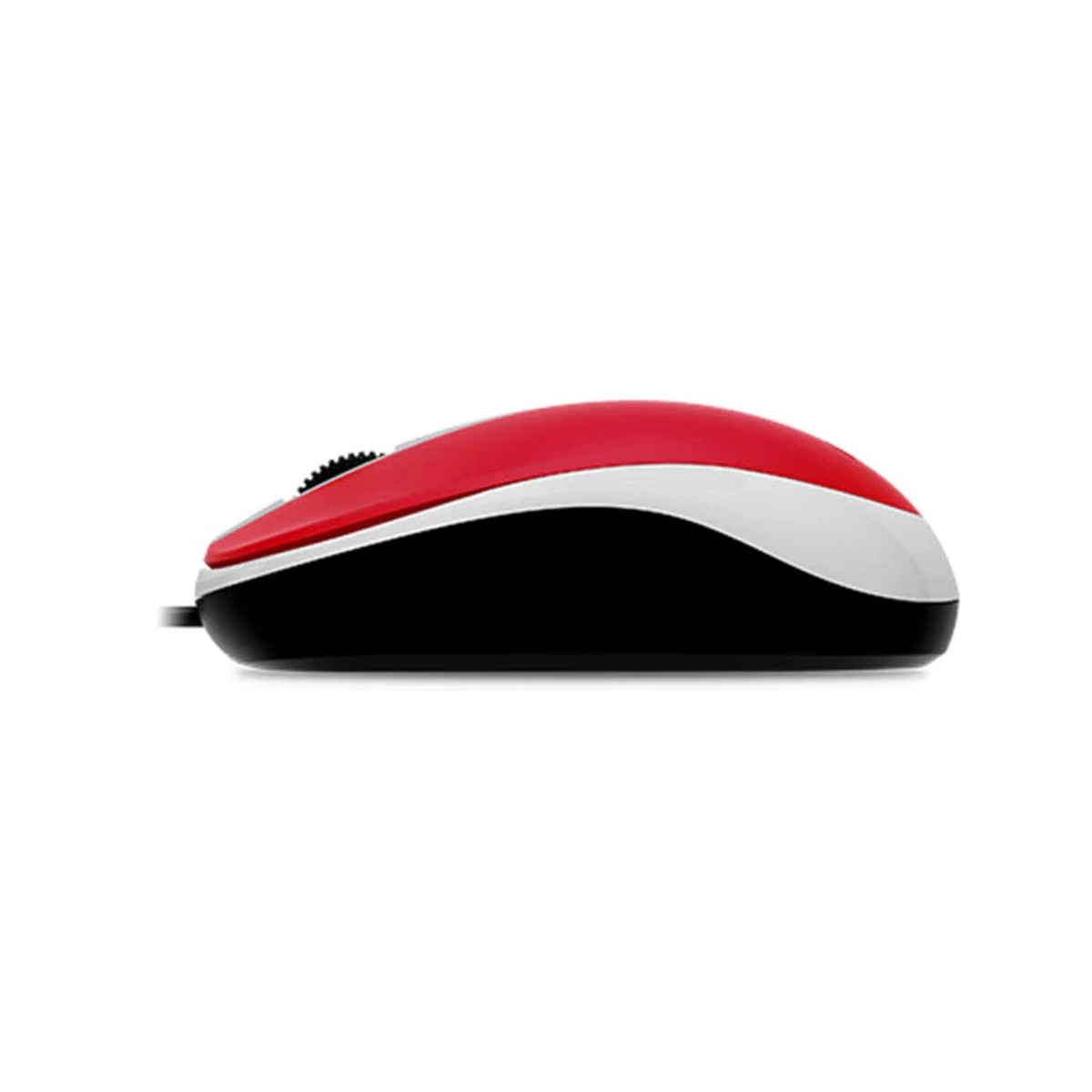 Rote, weiße und schwarze Computermaus. Sie hat ein Scrollrad und ein Kabel.