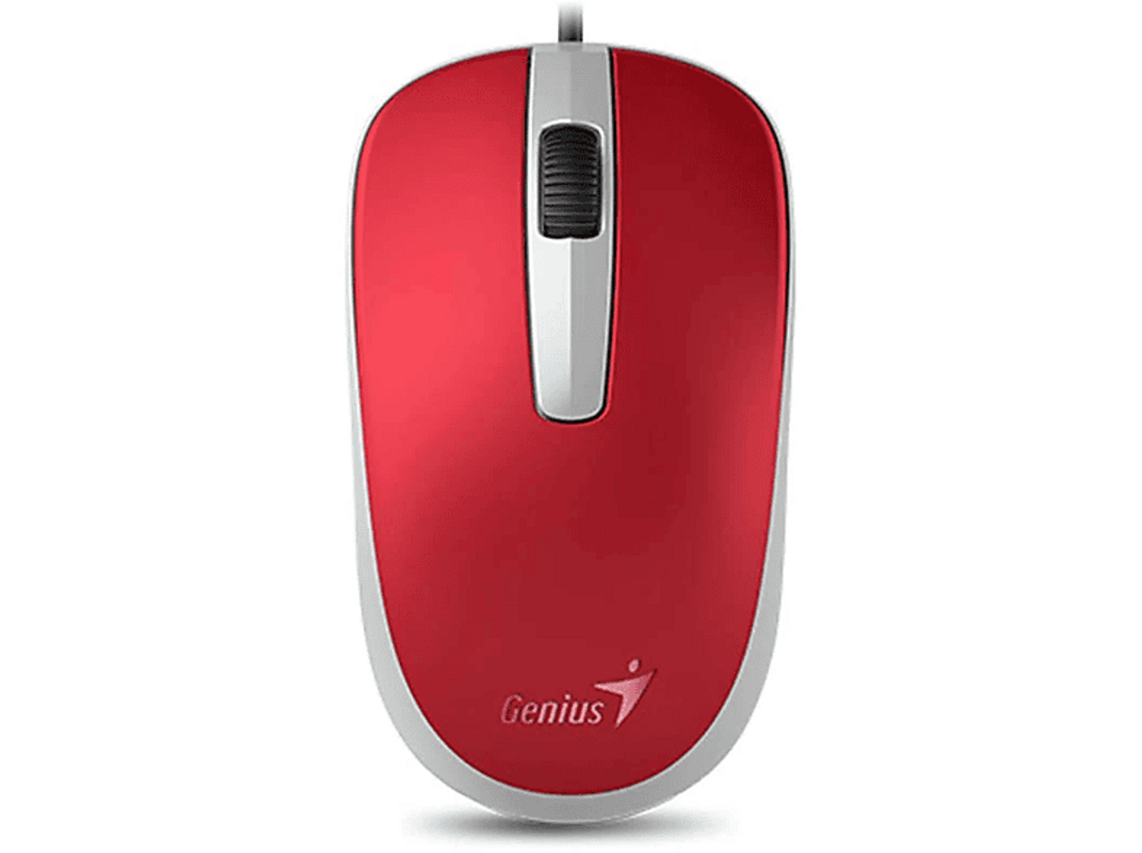 Eine rote Computermaus mit Scrollrad und Genius-Logo auf schwarzem Grund.