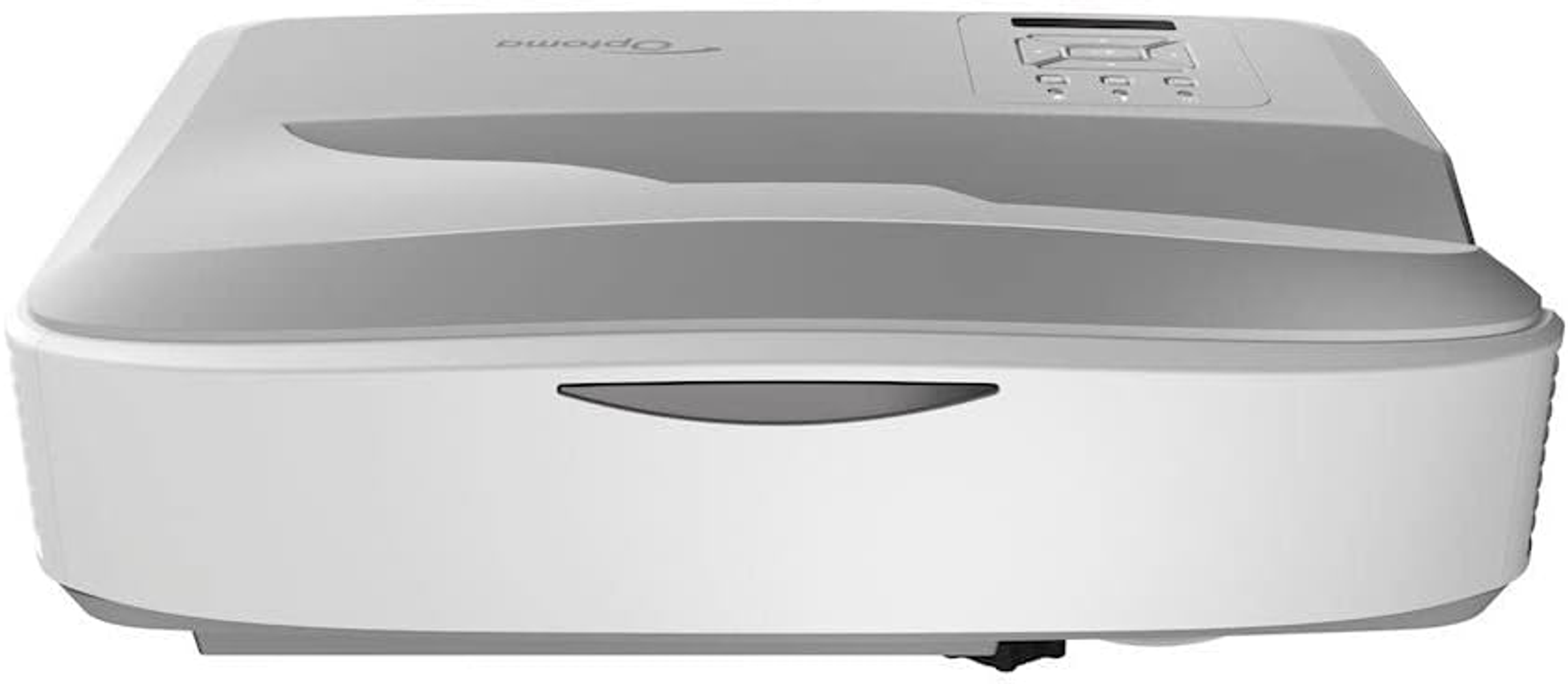 Biały projektor z ciemnoszarym panelem przednim. Projektor ma przyciski i obiektyw na górze, białe tło.