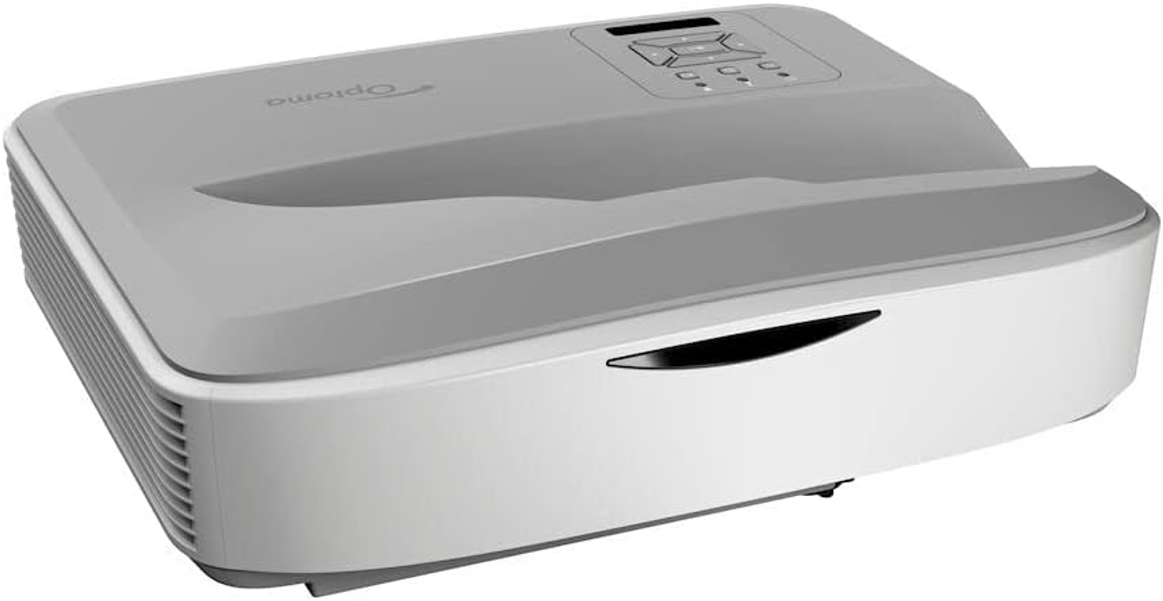 Biało-szary projektor Optoma. Sterowanie na górze, obiektyw z przodu. Zakrzywiona konstrukcja.