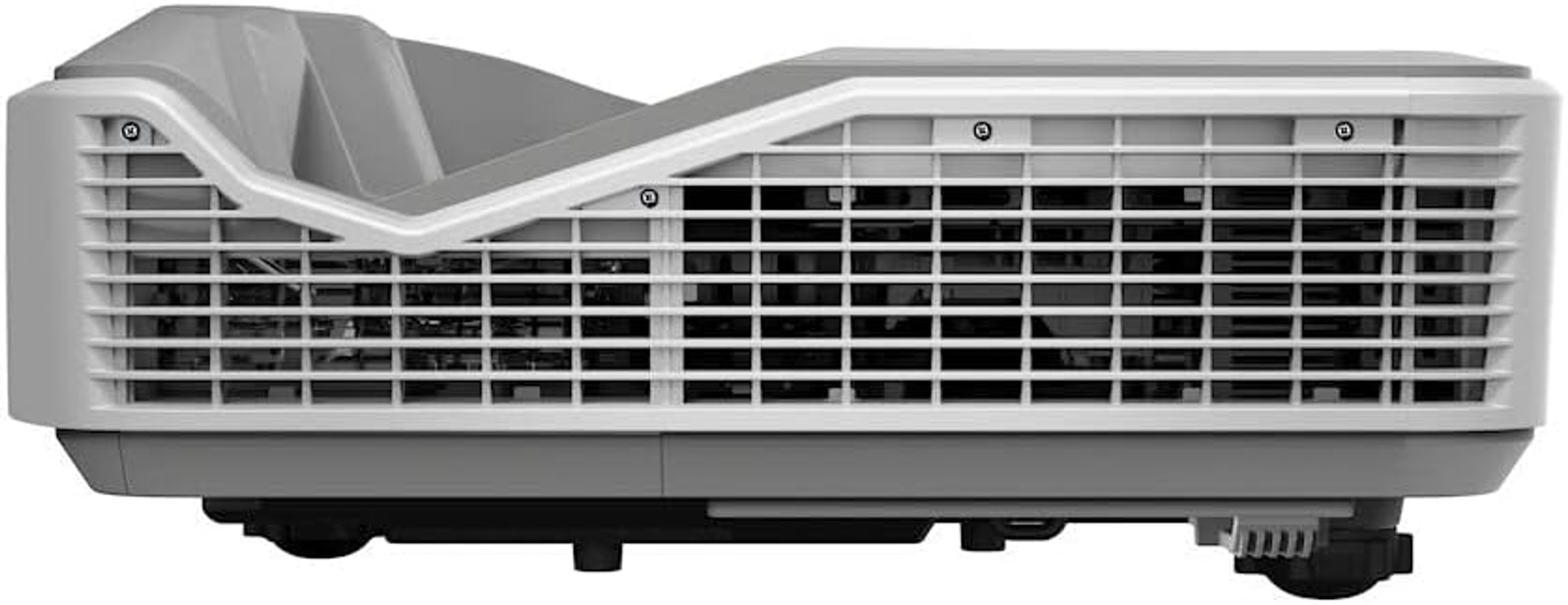 Biało-szary projektor. Projektor ma kratkę wentylacyjną z boku.