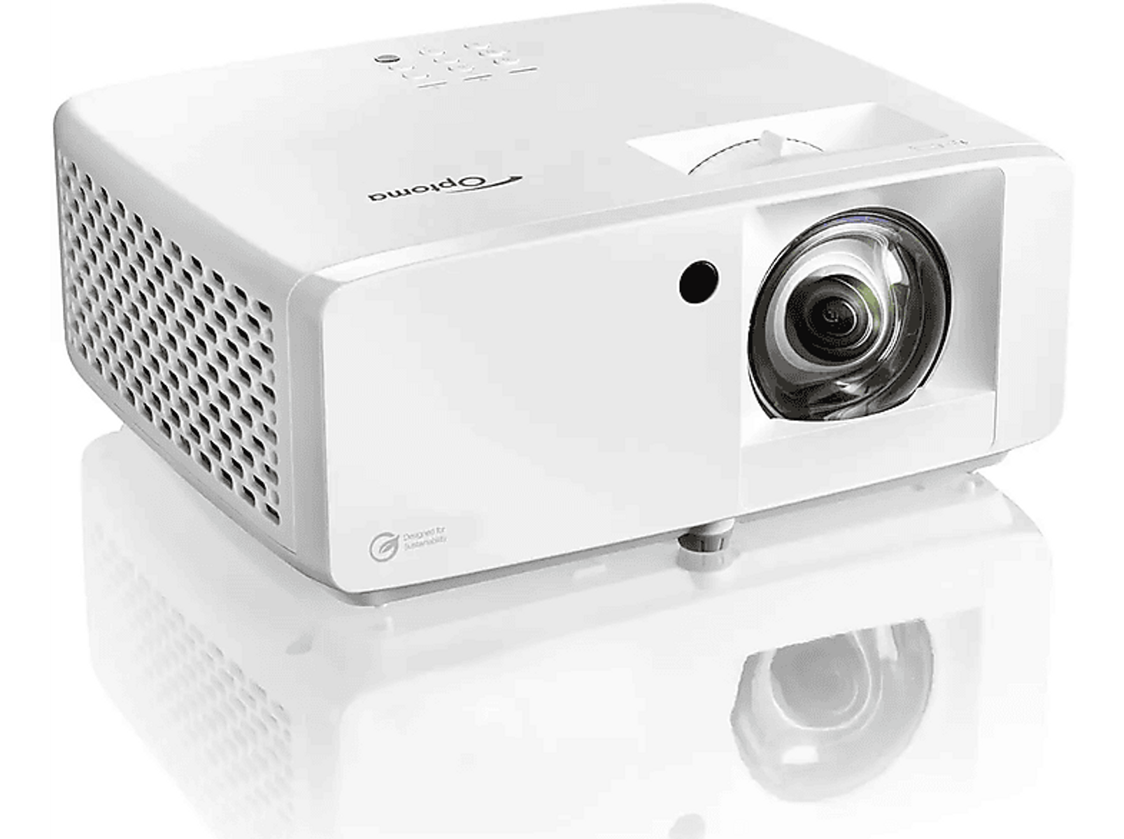 Biały projektor na białej powierzchni, przeznaczony do kina domowego, z ostrym obiektywem.
