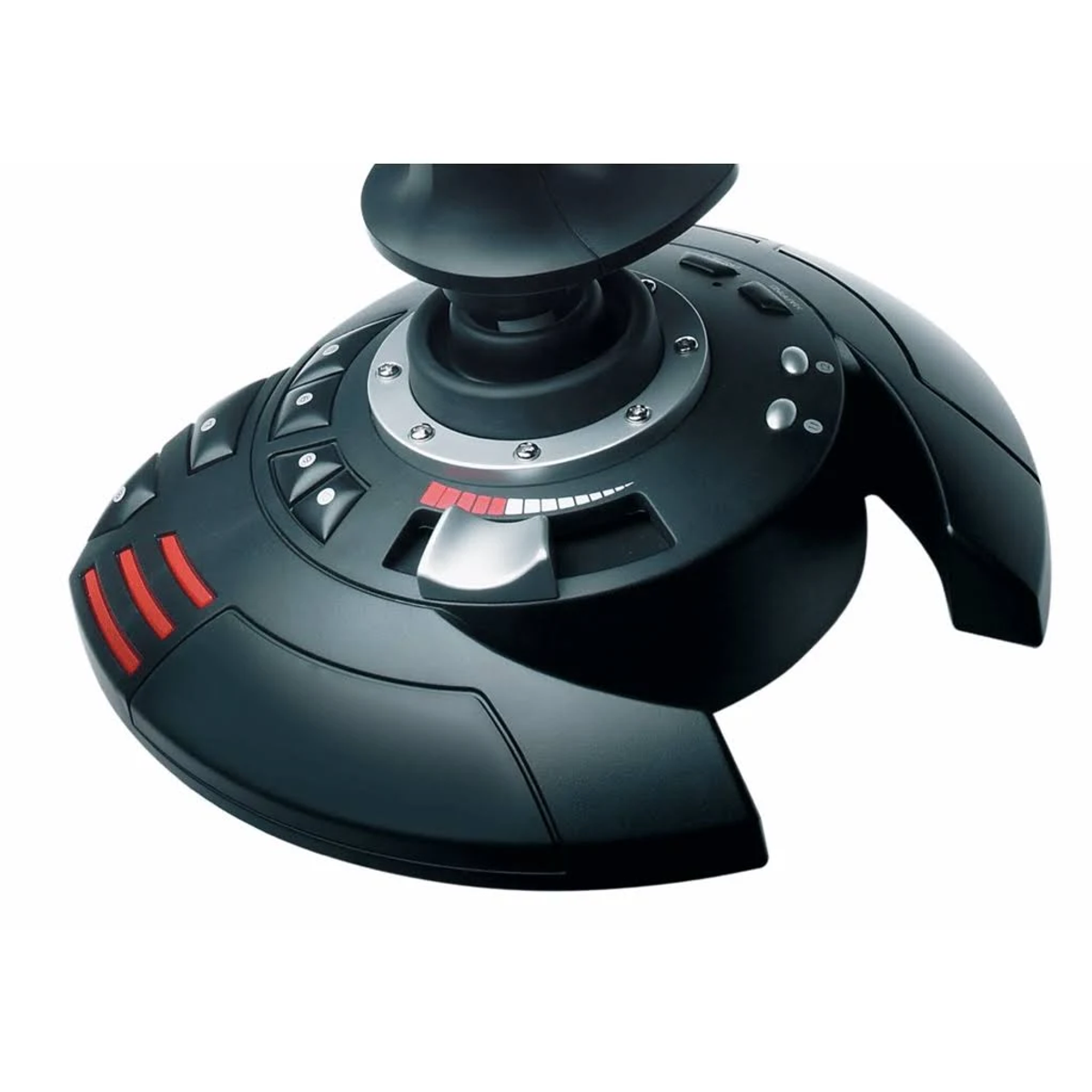 Zwarte gaming joystick. Circulair ontwerp met knoppen, rode accenten en een centrale joystick.