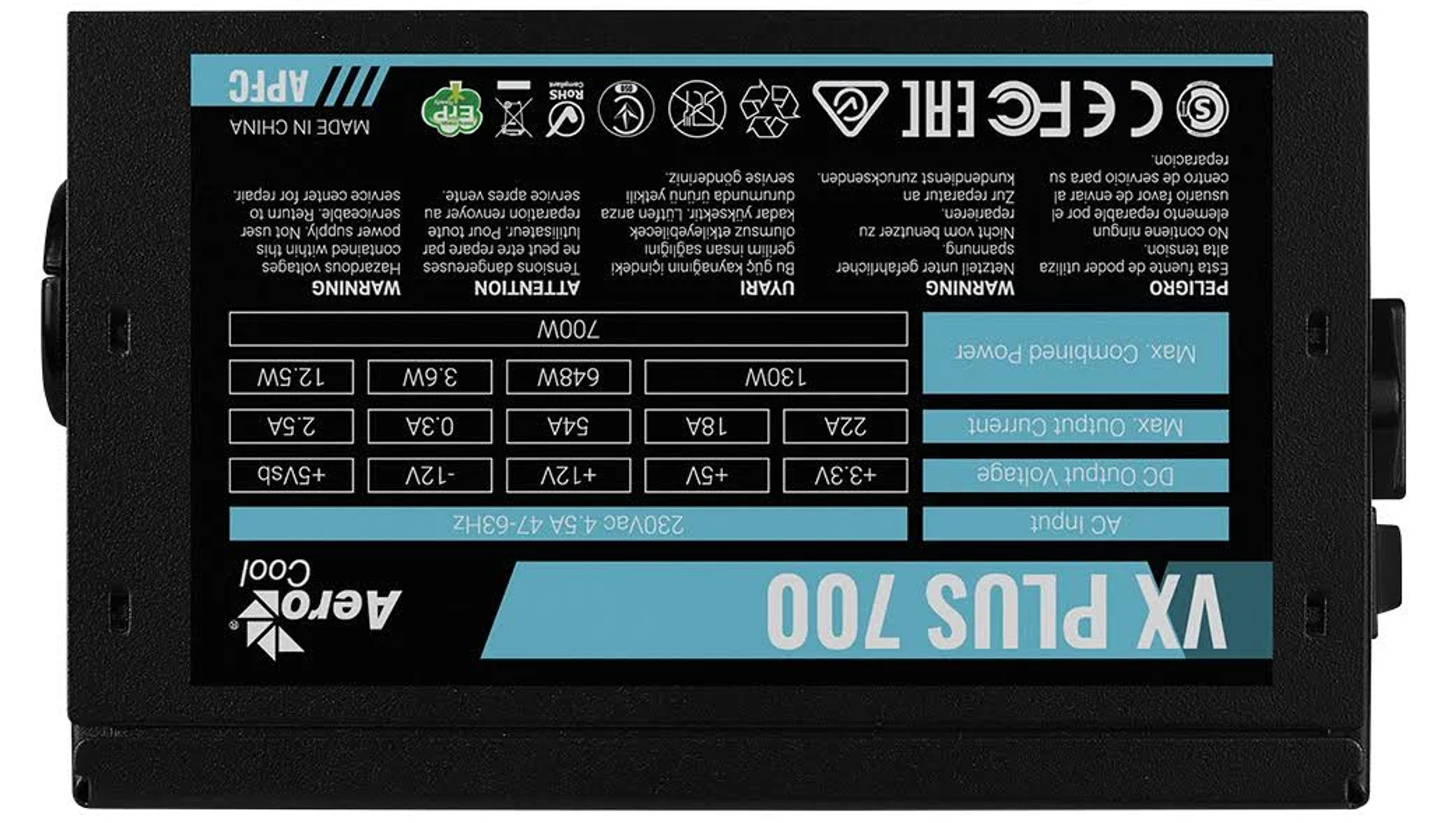 Top view of a black AeroCool VX PLUS 700 power supply unit with various text labels.