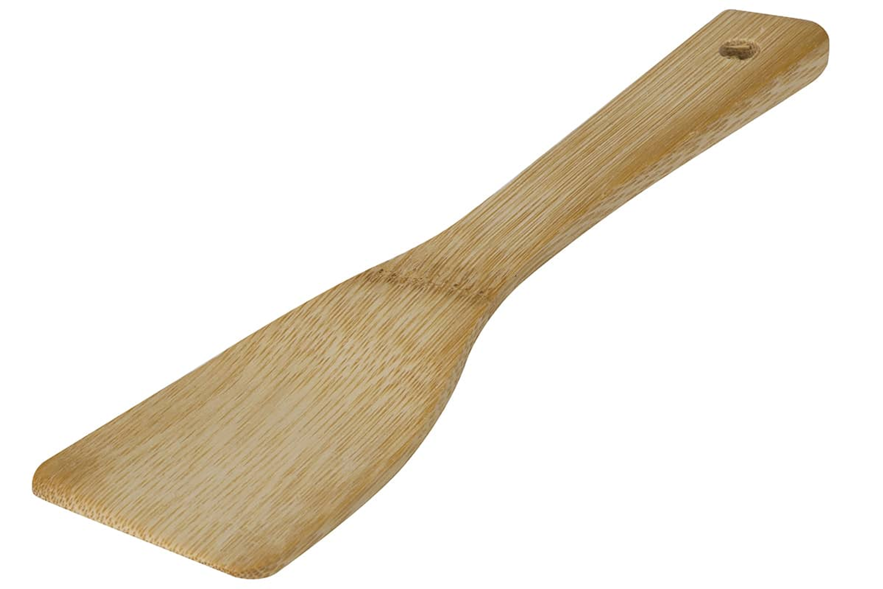 Ein Holzspatel mit einer flachen, abgewinkelten Klinge und einem Loch im Griff.