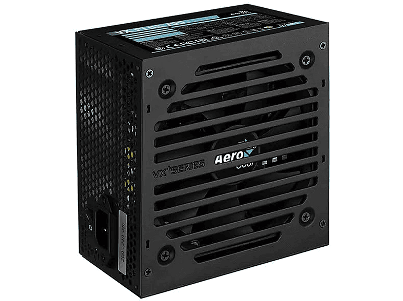Black computer power supply with a fan and vents. The AeroCool logo is visible on the side.