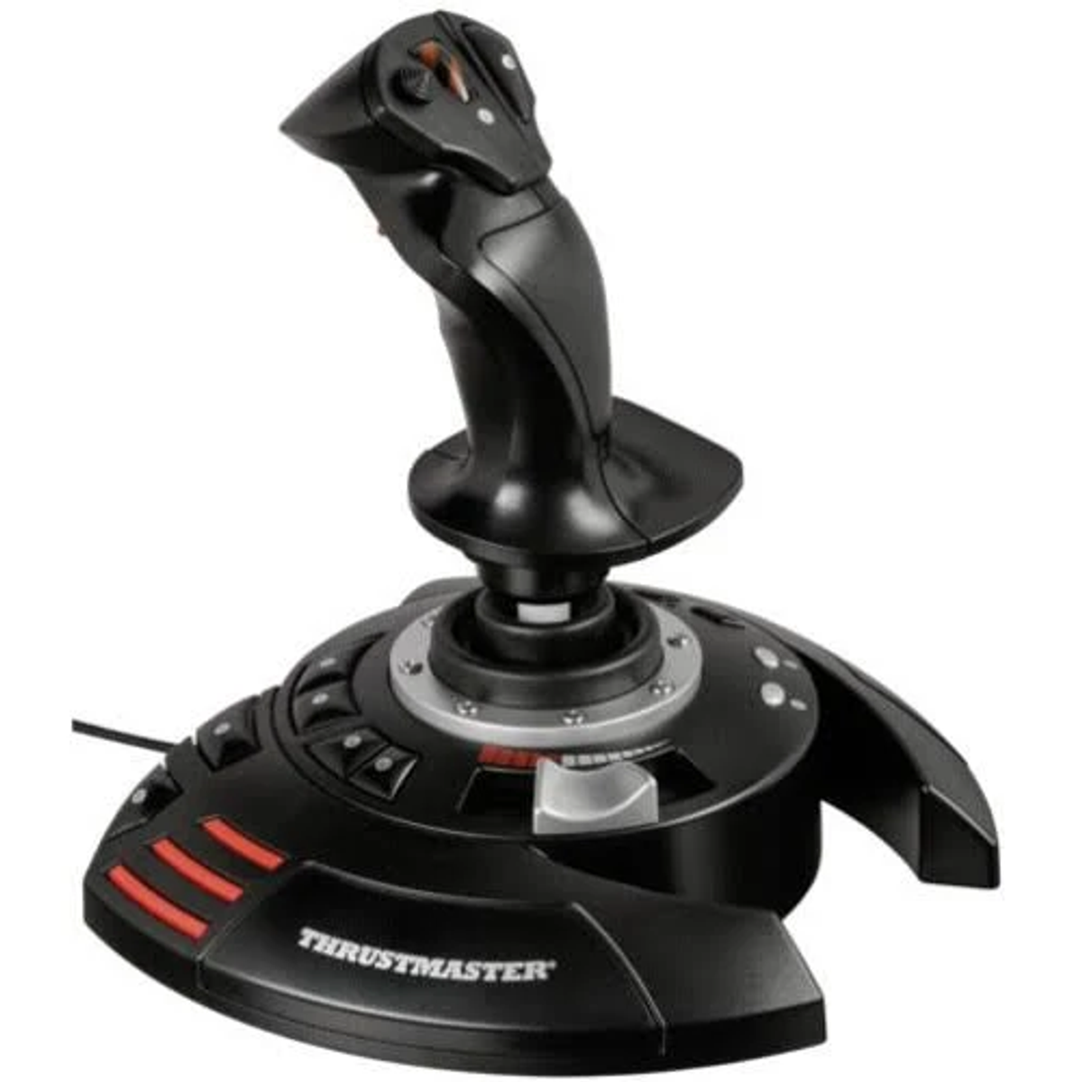 Zwarte joystick met meerdere knoppen en een basis, op een witte achtergrond.
