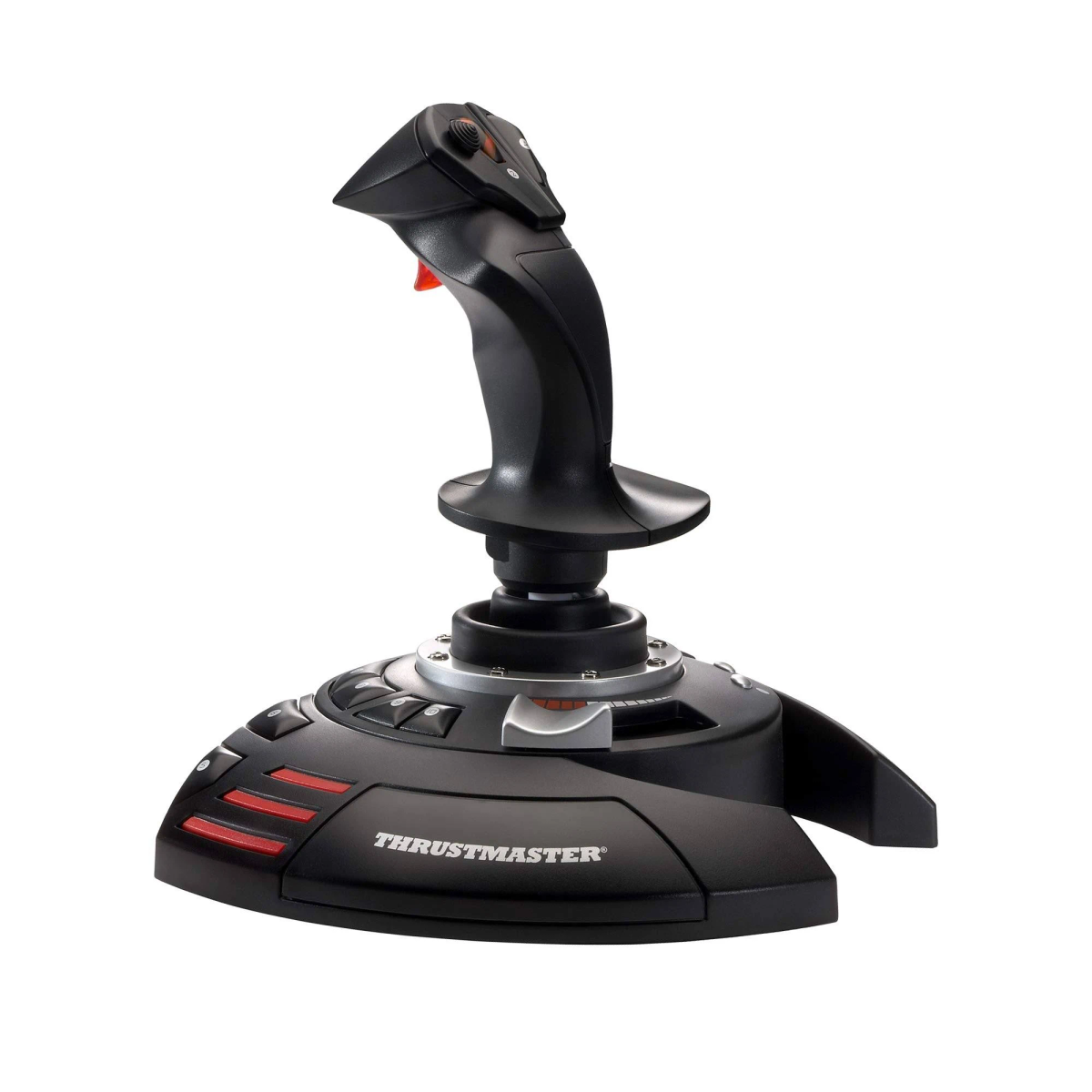 Zwarte Thrustmaster joystick met rode knop en basis met rode accenten.