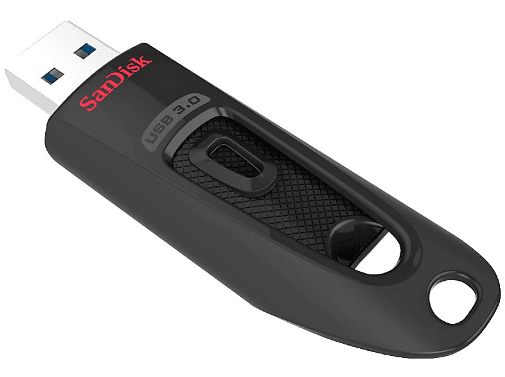 Chiavetta USB nera con connettore bianco e logo 'SanDisk' rosso.