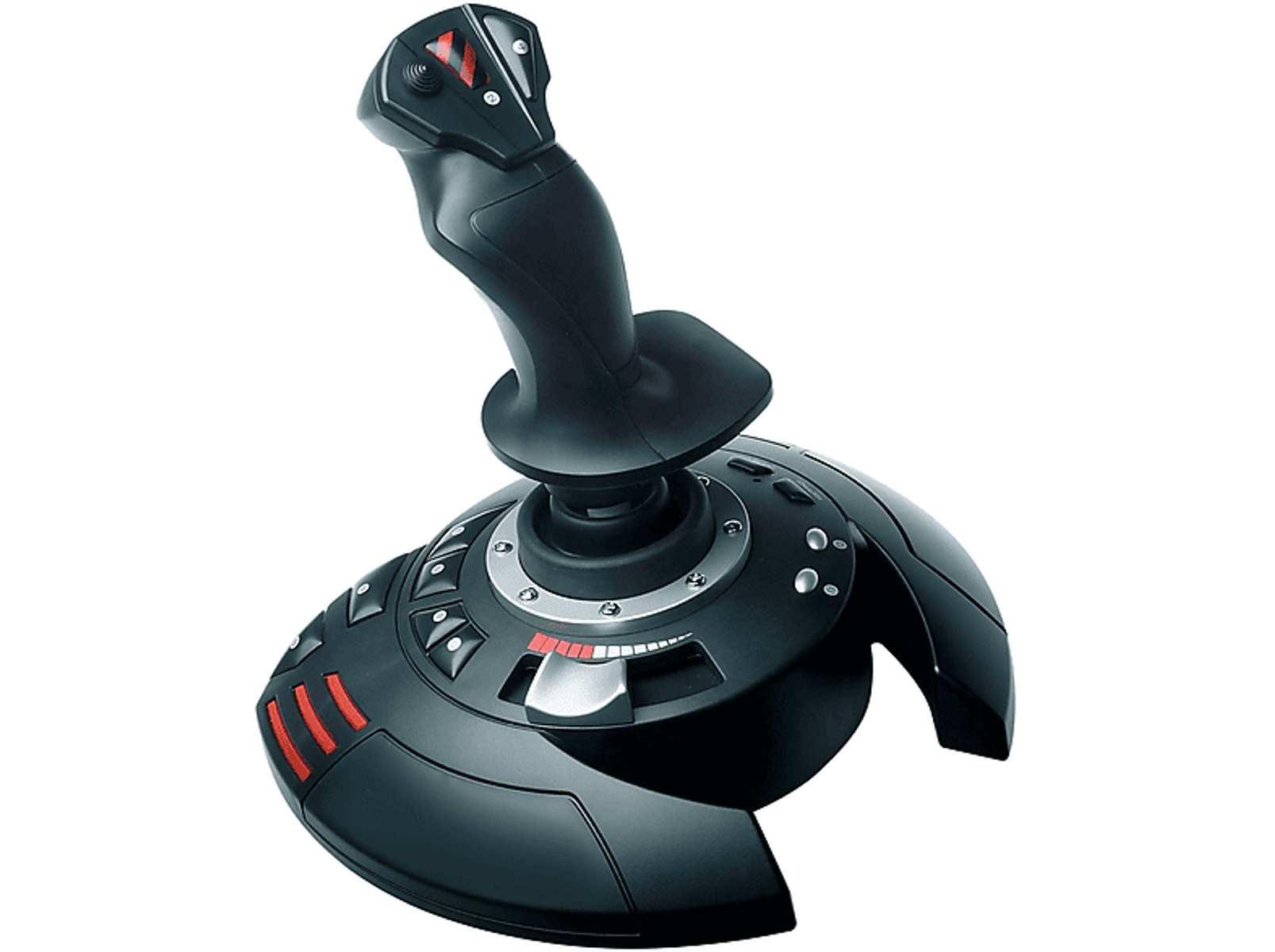 Zwarte joystick met rode accenten op een zwarte basis.