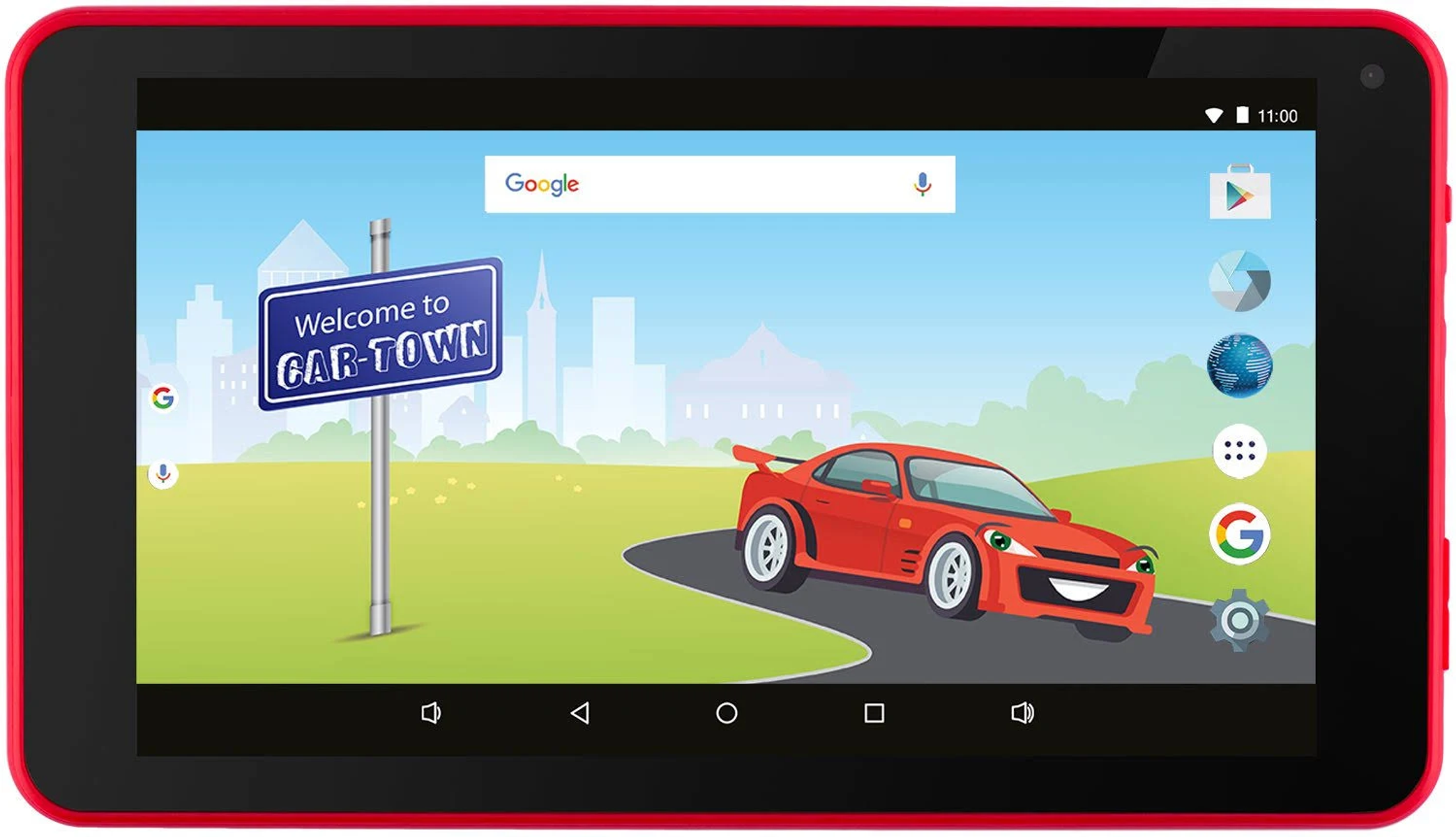 Czerwony tablet z widokiem miasta samochodowego na ekranie.