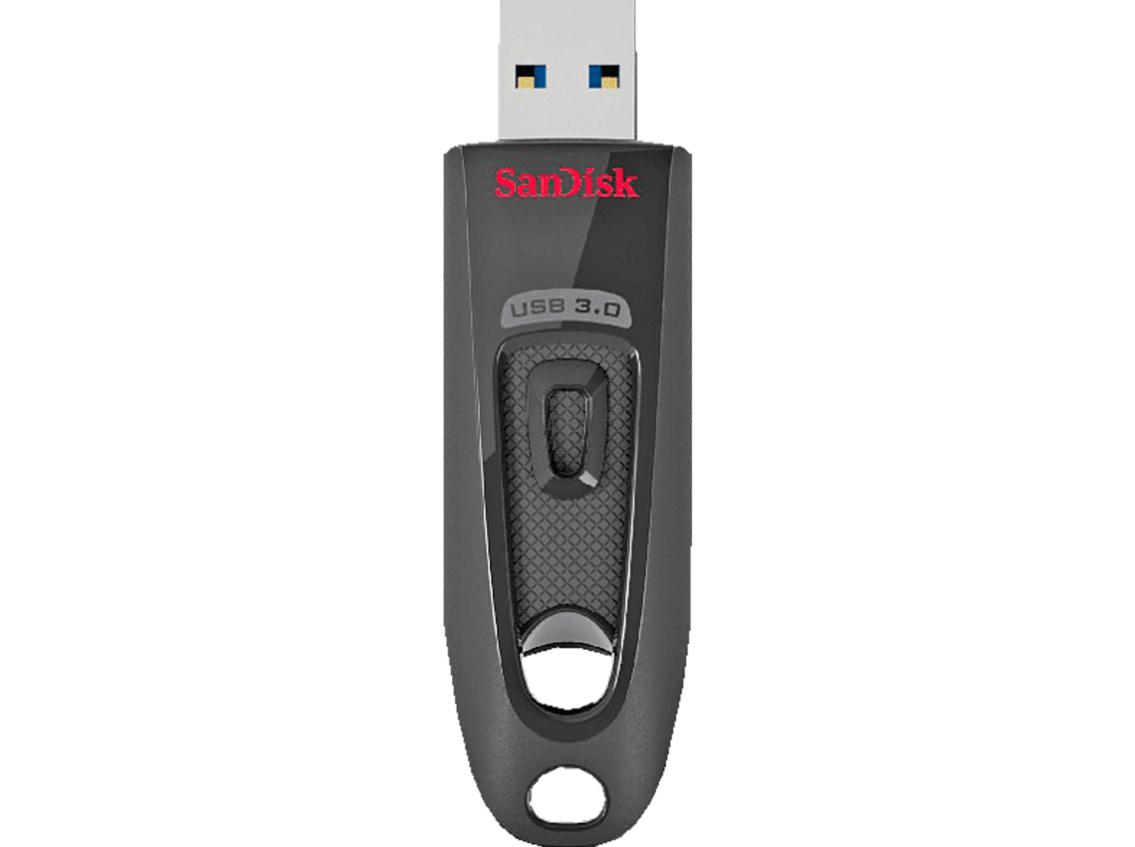 Chiavetta USB 3.0 Sandisk nera e grigia. L'unità USB è collegata a sfondo nero.