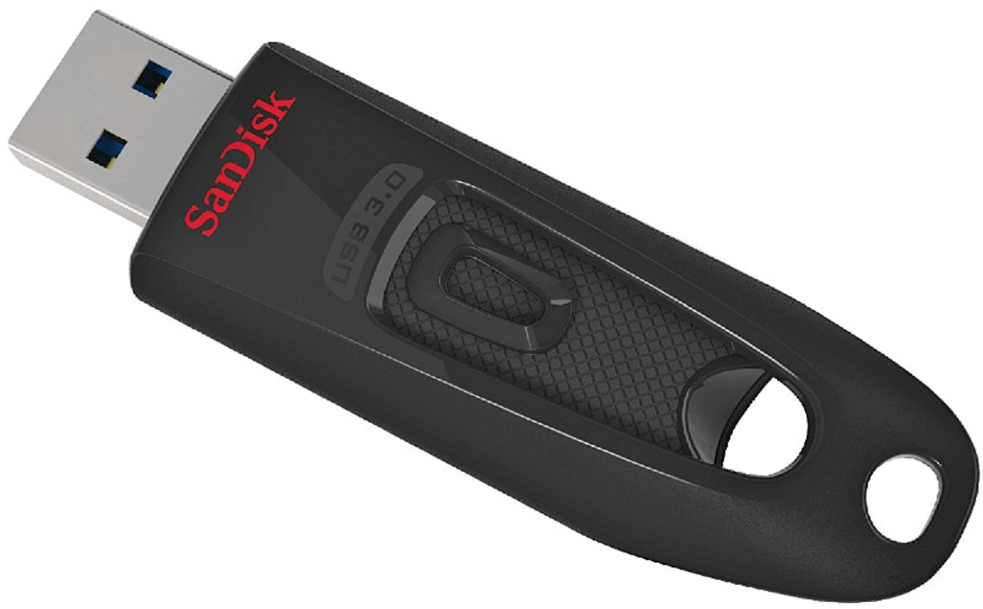 Chiavetta USB 3.0 Sandisk nera. Logo Sandisk rosso in alto. Connettore USB argento.