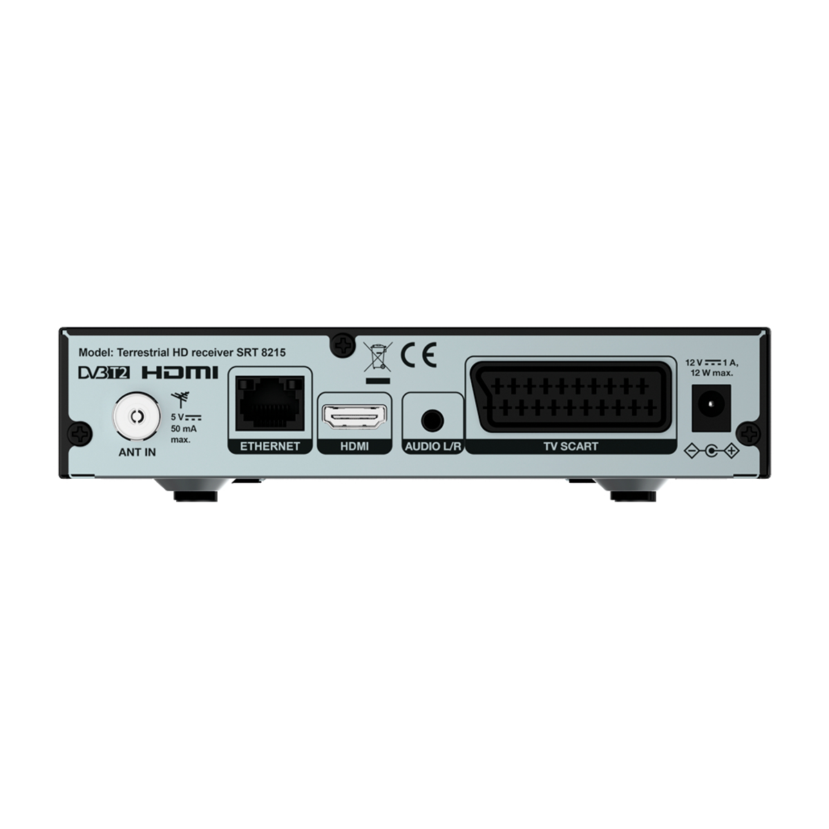 Rückseite eines schwarzen terrestrischen HD-Receivers mit verschiedenen Anschlüssen.