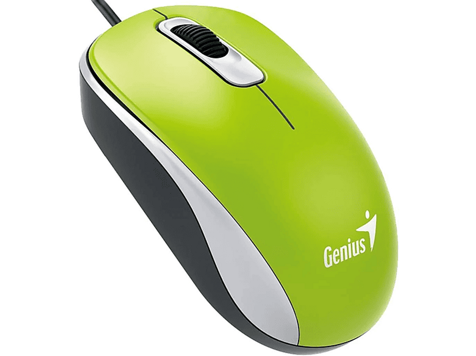 Ratón de computadora Genius verde y gris. El ratón tiene una rueda de desplazamiento y un cable negro.