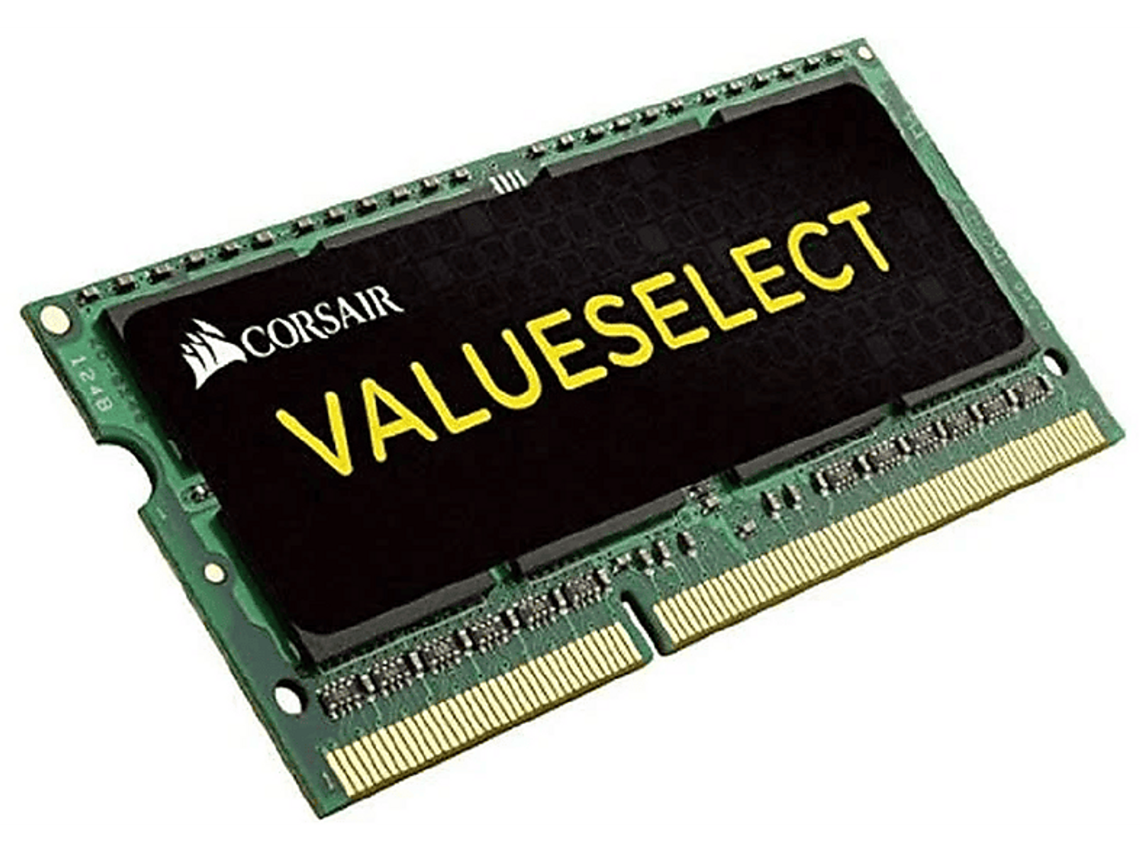Moduł RAM z etykietami Corsair i Value Select. Zielona płytka drukowana ze złotymi pinami.