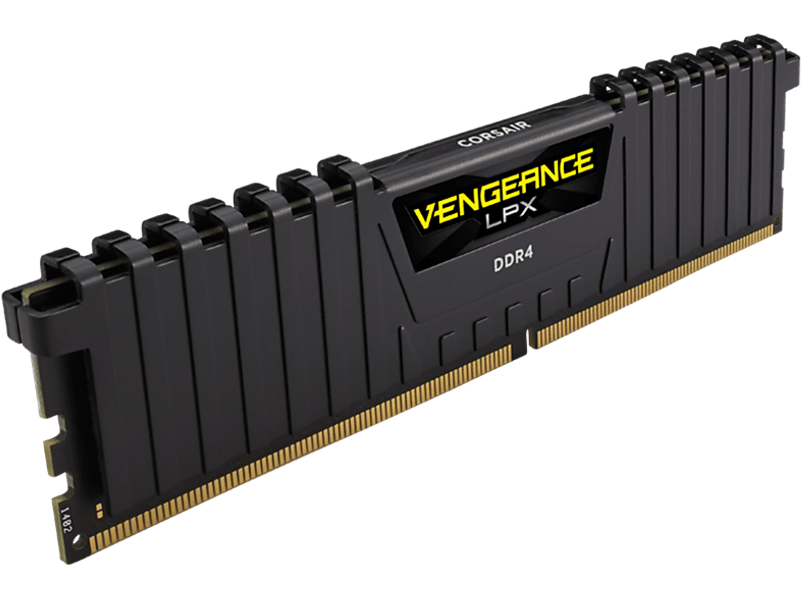 Czarny moduł RAM Corsair Vengeance LPX DDR4 ze złotymi akcentami. Czarne tło.