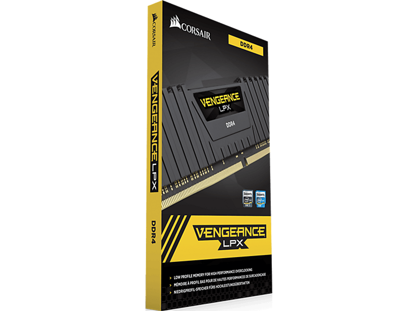 Czarno-żółte pudełko pamięci RAM Corsair Vengeance LPX DDR4.