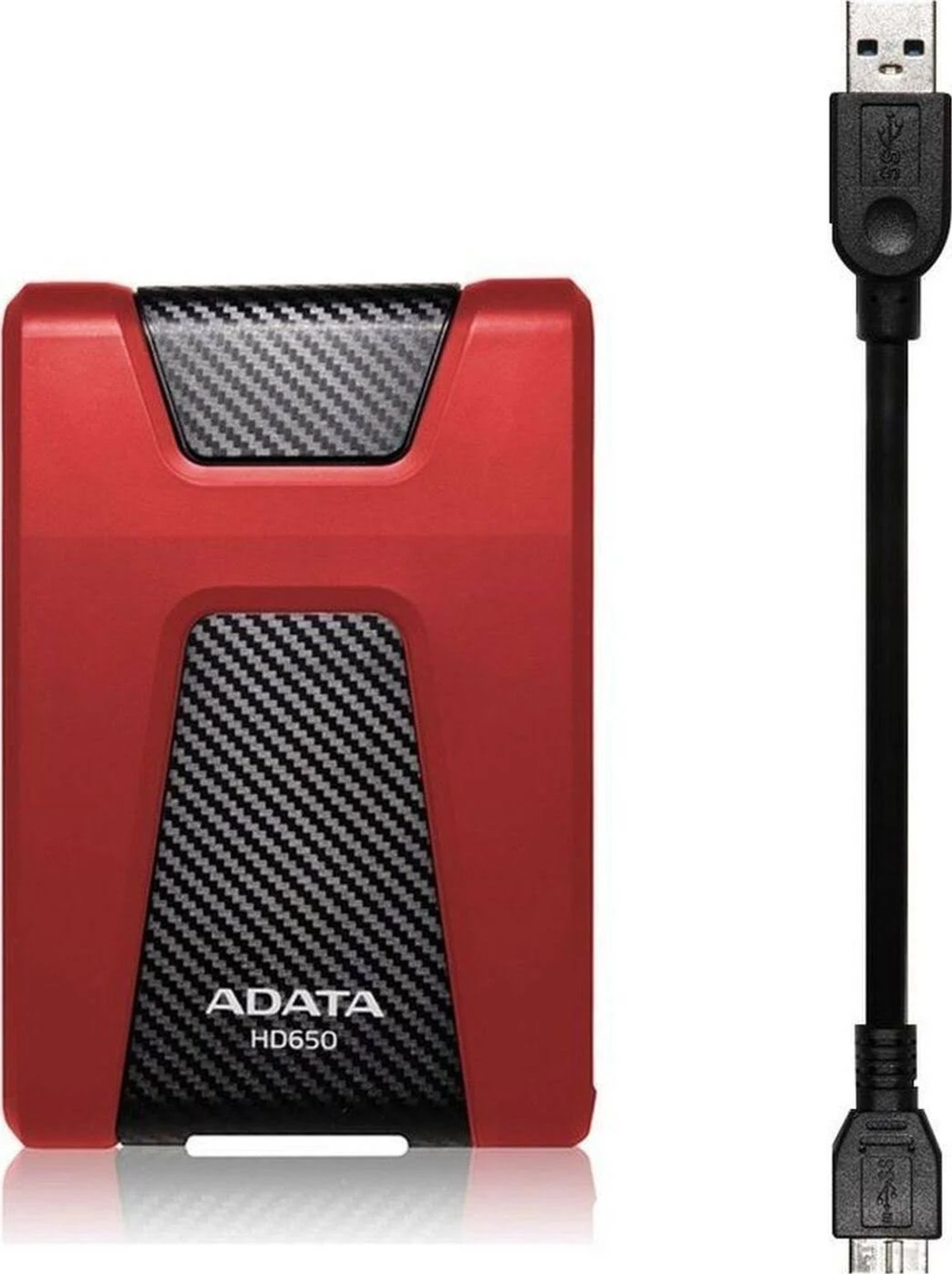 Czerwony zewnętrzny dysk twardy ADATA HD650 z kablem.