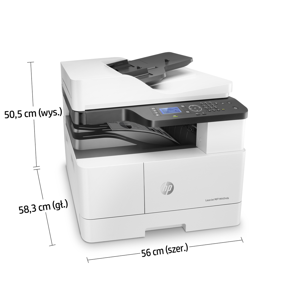 Biała drukarka HP LaserJet MFP M443nda z wymiarami. Ma białe tło.