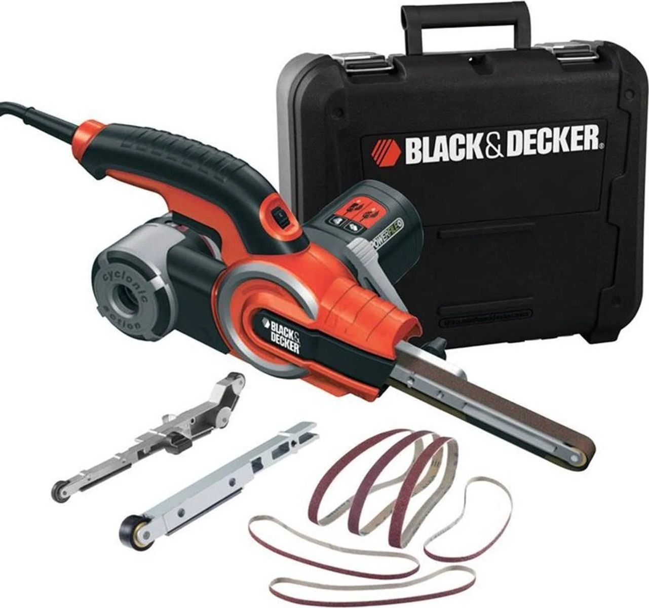 Szlifierka taśmowa Black & Decker z akcesoriami i etui. Pomarańczowo-czarny design. Różne taśmy.