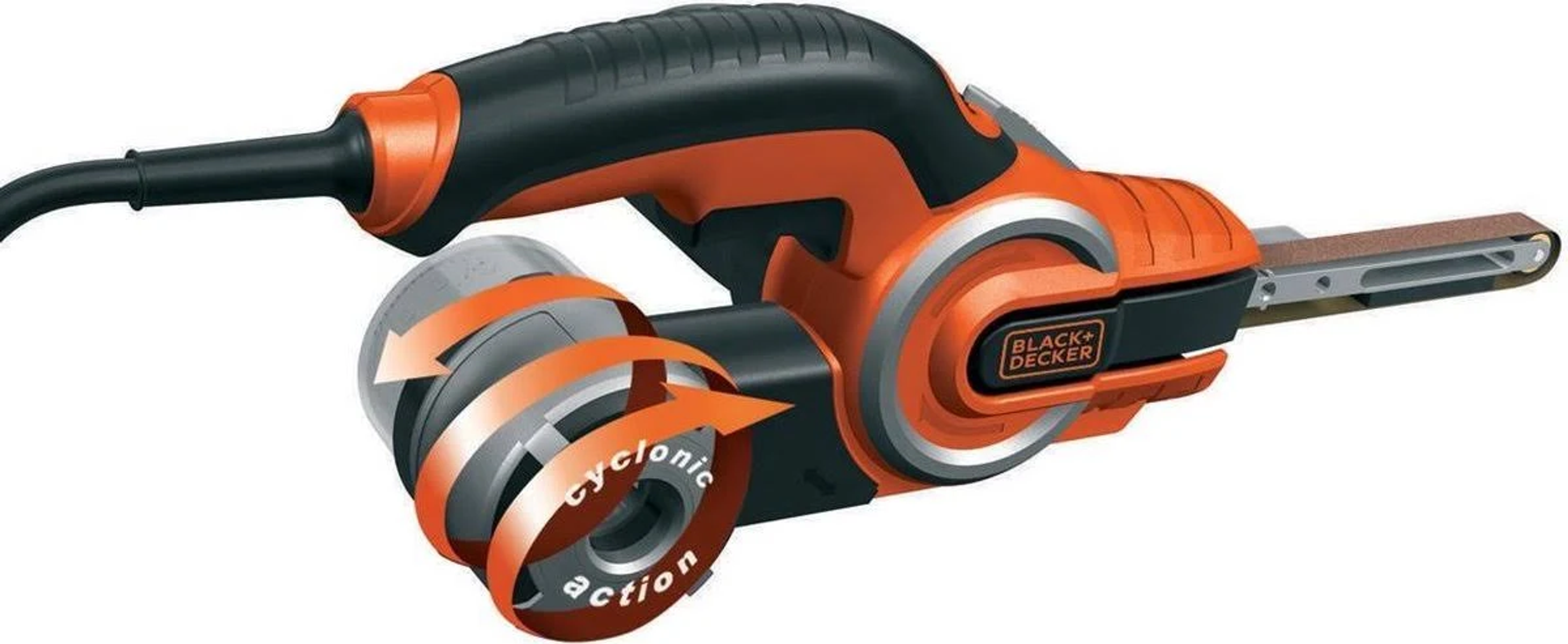 Czarna i pomarańczowa szlifierka taśmowa BLACK+DECKER z etykietą „działanie cyklonowe”.