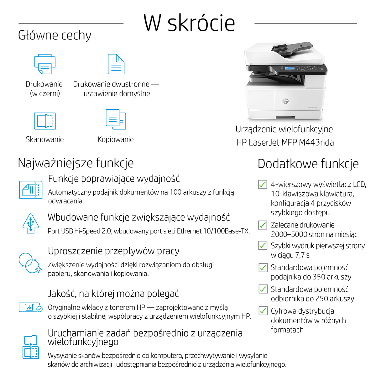 Informacyjna infografika o drukarce HP LaserJet MFP M443nda.