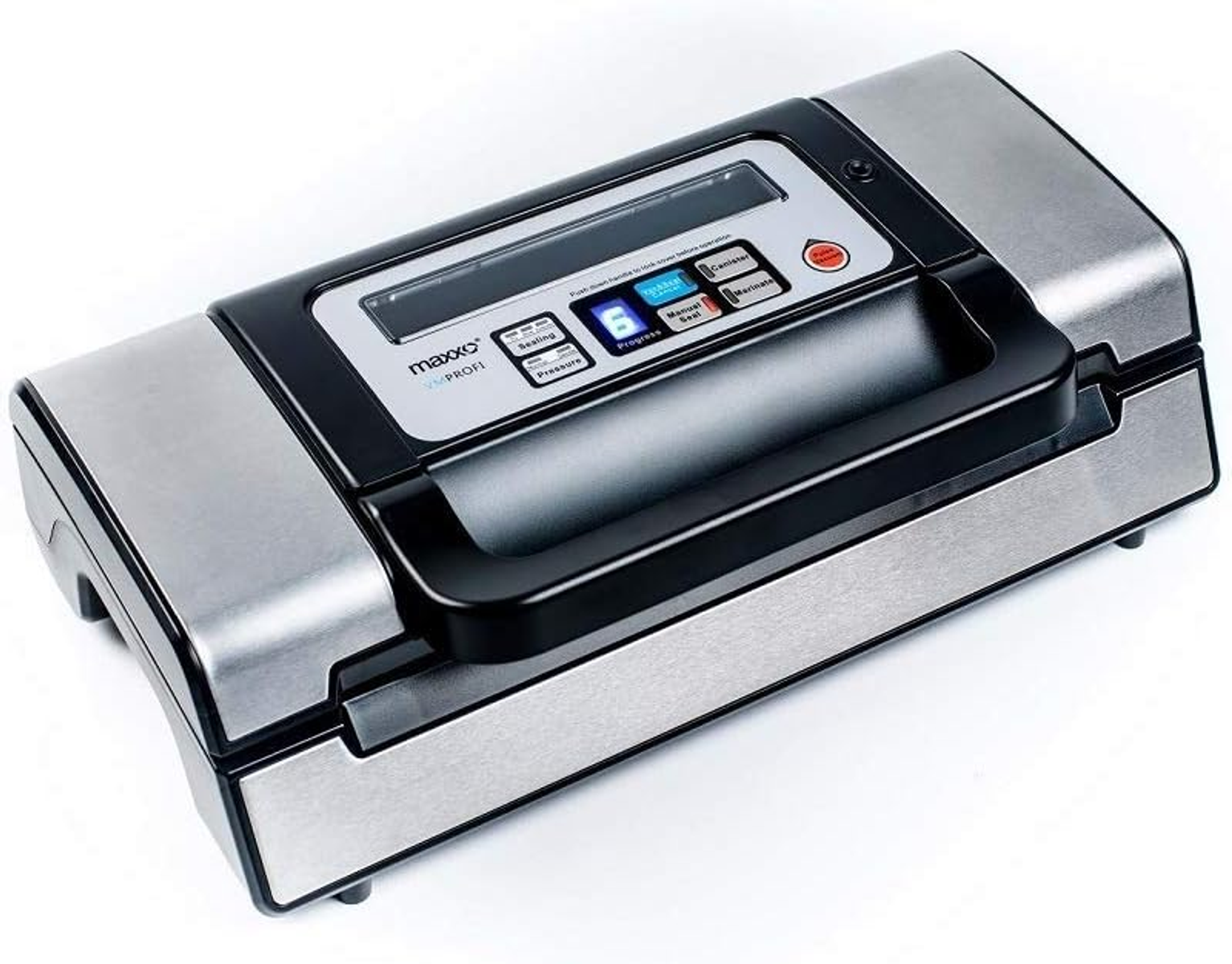 Ein silber-schwarzer Vakuumierer mit Bedienfeld und schwarzem Griff auf weißem Untergrund.
