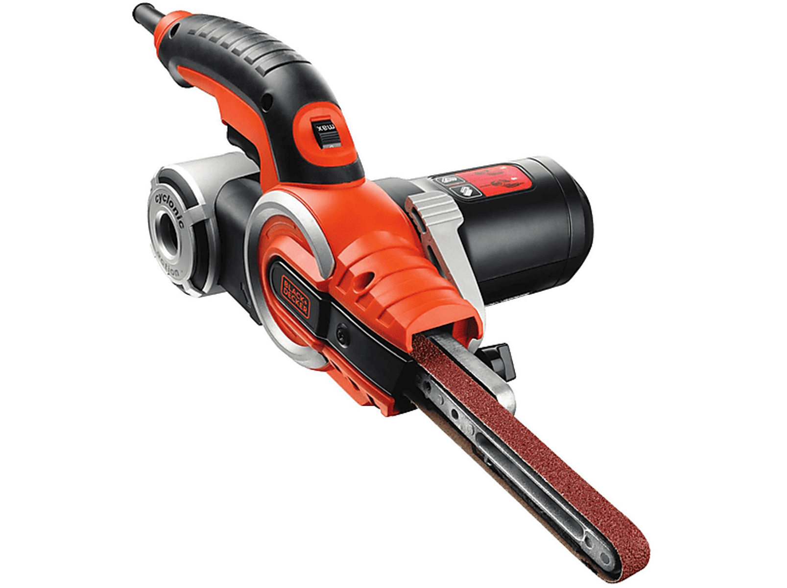 Czarna i pomarańczowa szlifierka taśmowa Black+Decker. Widoczny uchwyt i taśma szlifująca.