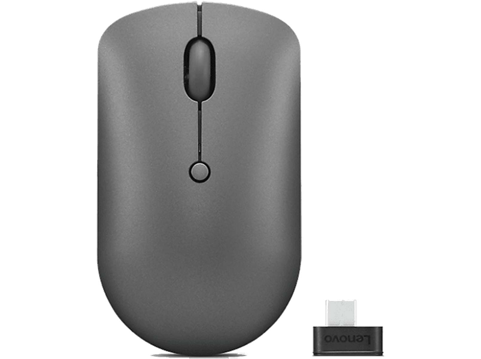 Szara mysz komputerowa Lenovo z odbiornikiem bezprzewodowym. Ma prosty design.