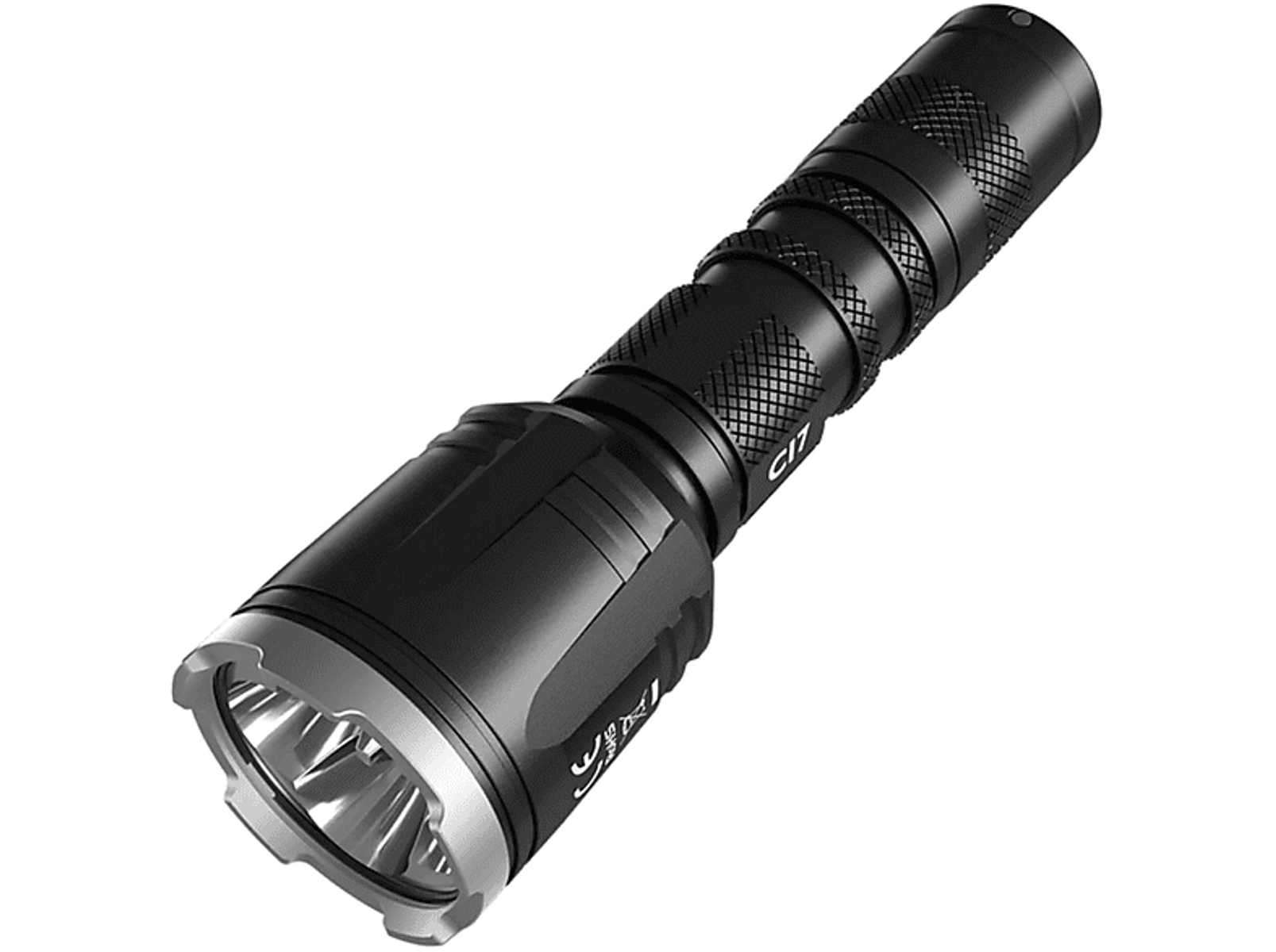 Schwarze Taschenlampe mit strukturiertem Griff und silberner Lünette. Sie zeigt nach oben.