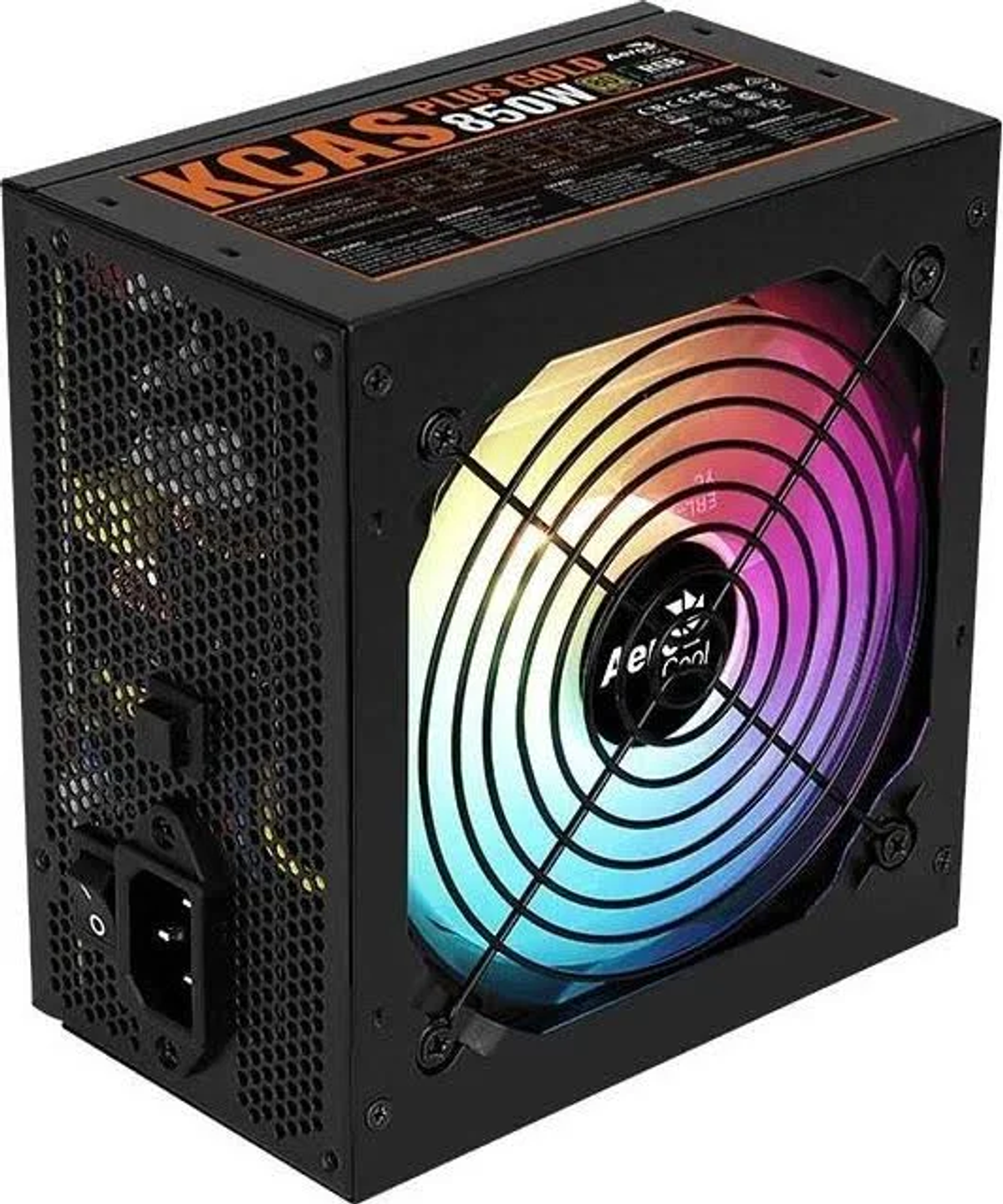 Un alimentatore per computer nero con ventola colorata. La ventola ha più colori.