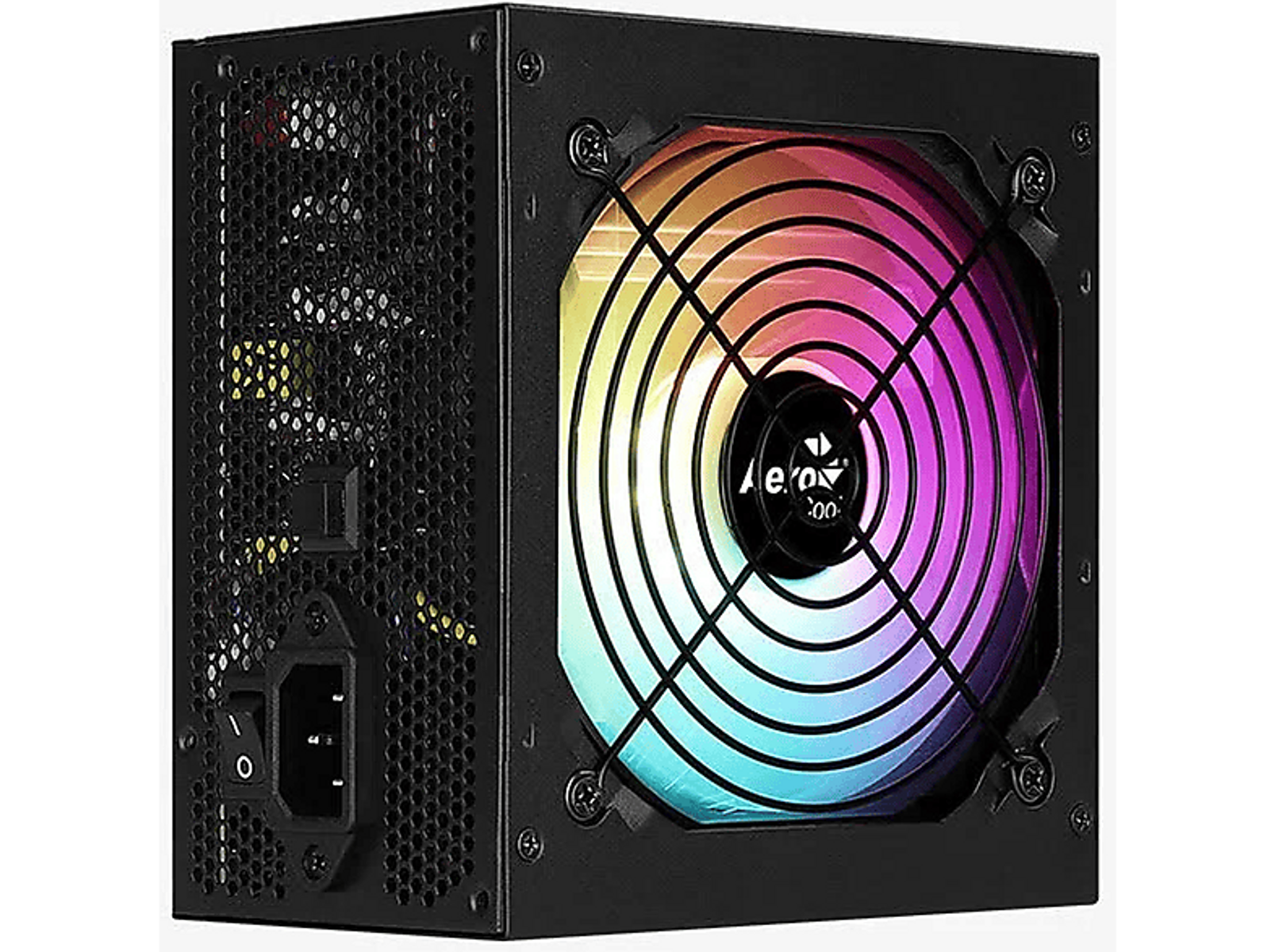 Un alimentatore per computer nero con una ventola arcobaleno è mostrato su uno sfondo scuro.