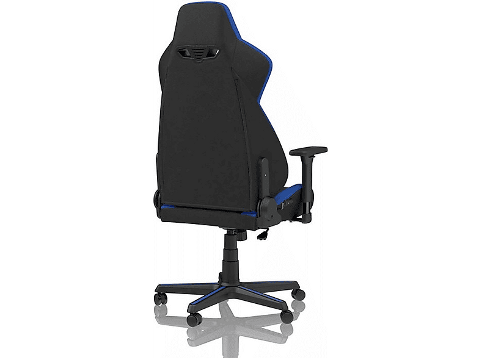 Zwarte en blauwe gamestoel, achteraanzicht.