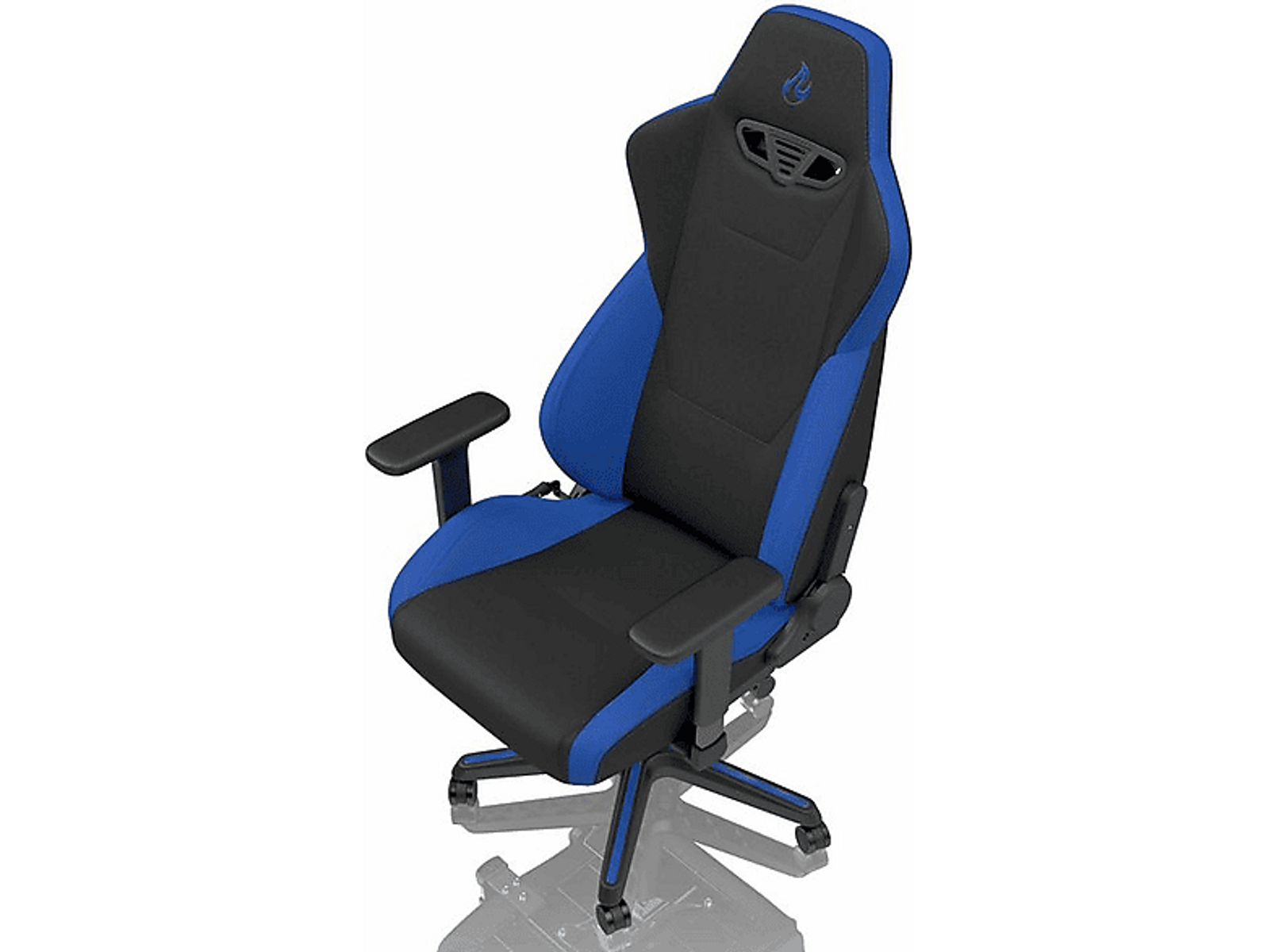Blauwe en zwarte gaming stoel. De stoel heeft armleuningen en wielen.