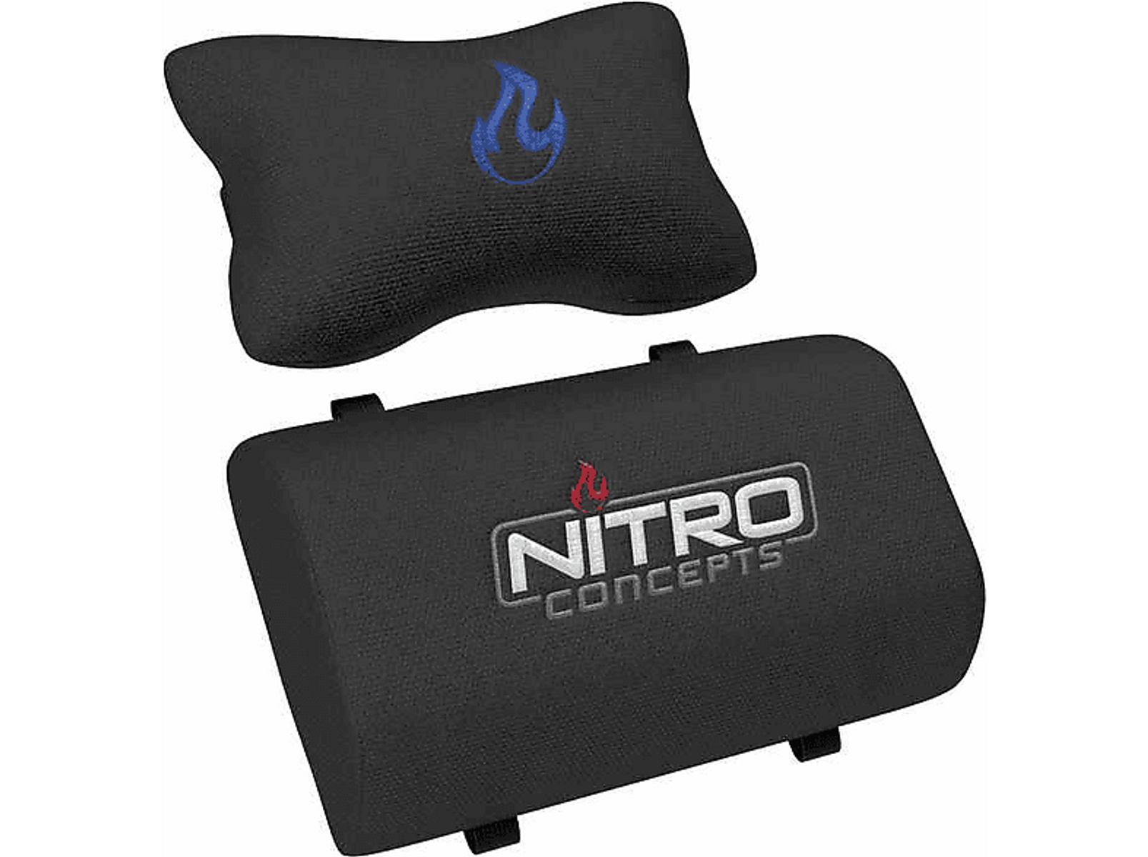 Twee zwarte Nitro Concepts kussens. Een kleine met een blauwe vlam, een andere met logo.