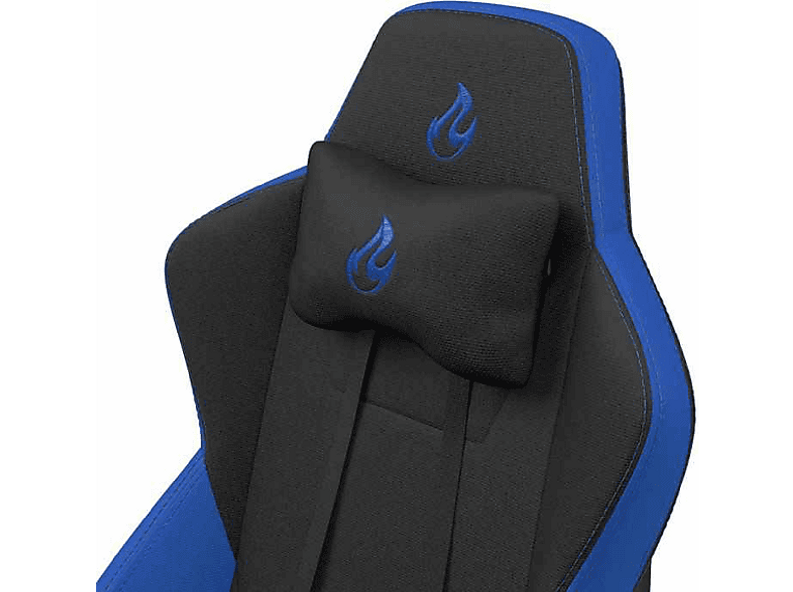 Gaming stoel hoofdsteun met blauw vlam logo op zwarte stof.