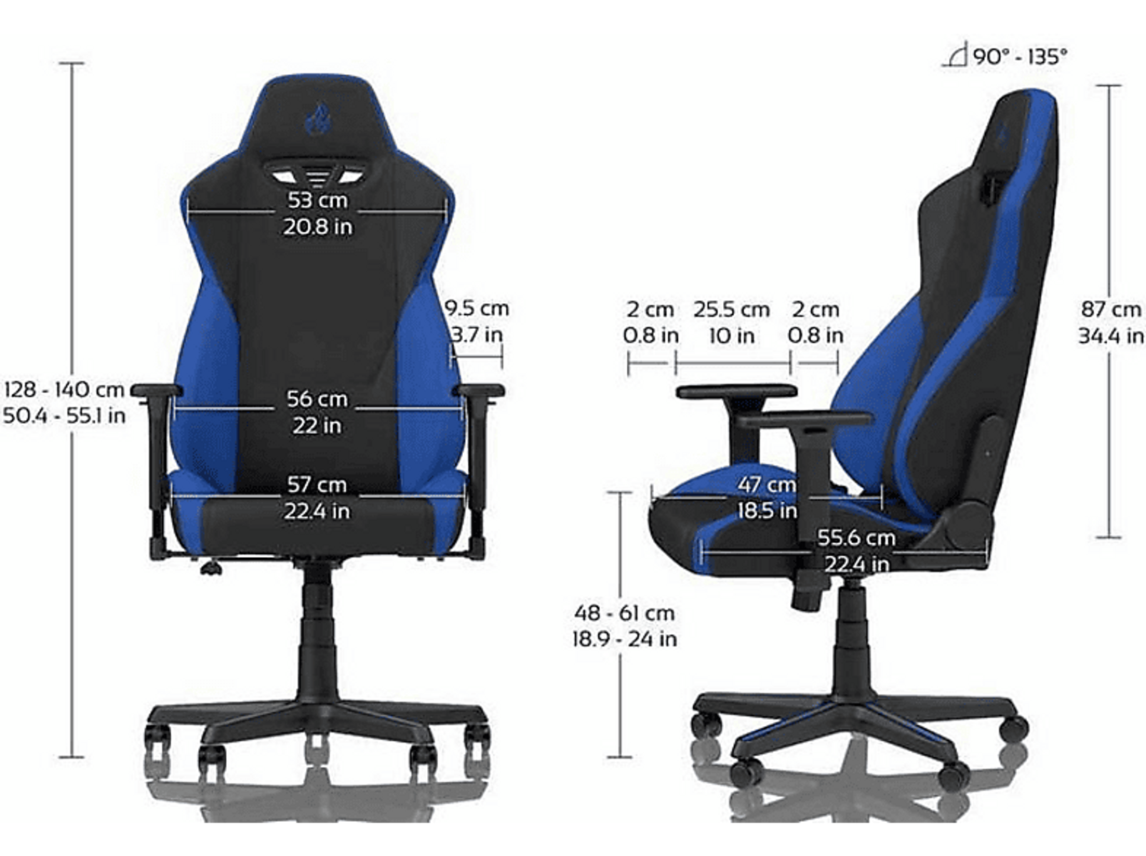 Gamingstoel met afmetingen, blauw en zwart, zijaanzicht.