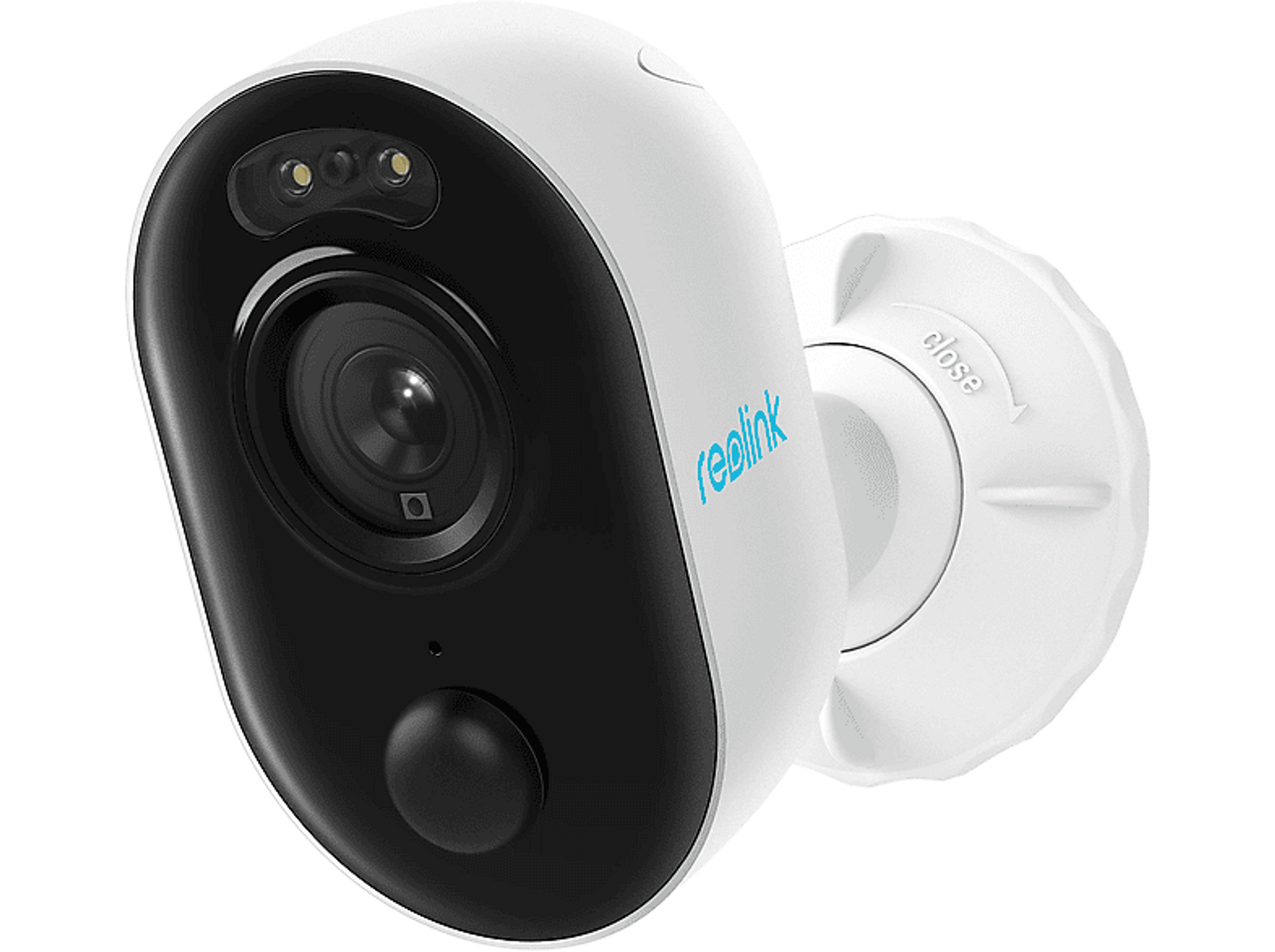 Biało-czarna kamera bezpieczeństwa z czarnym obiektywem i napisem reolink.