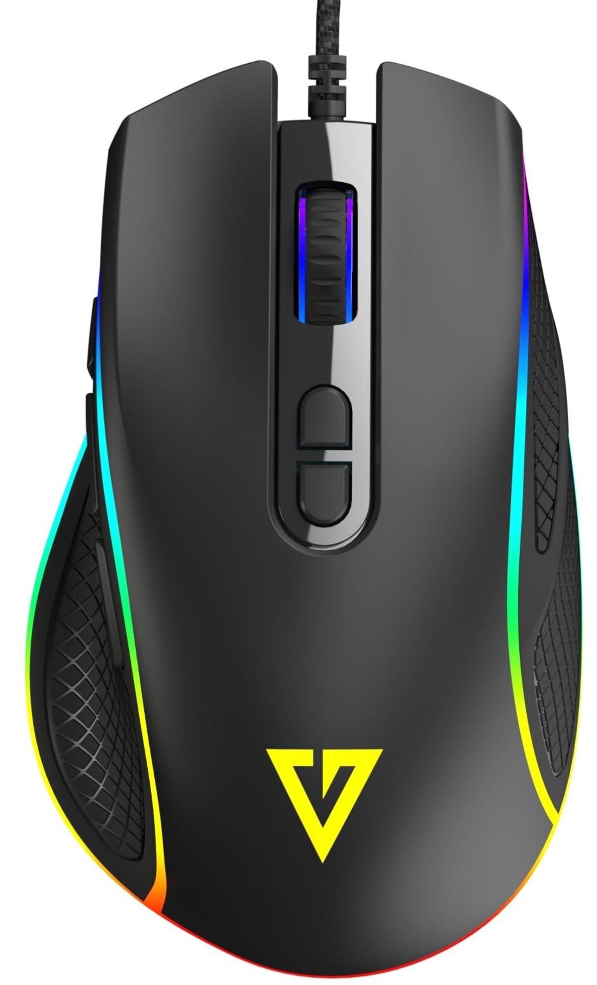 Czarna mysz do gier ze światłami RGB. Na obudowie znajduje się żółte logo V.