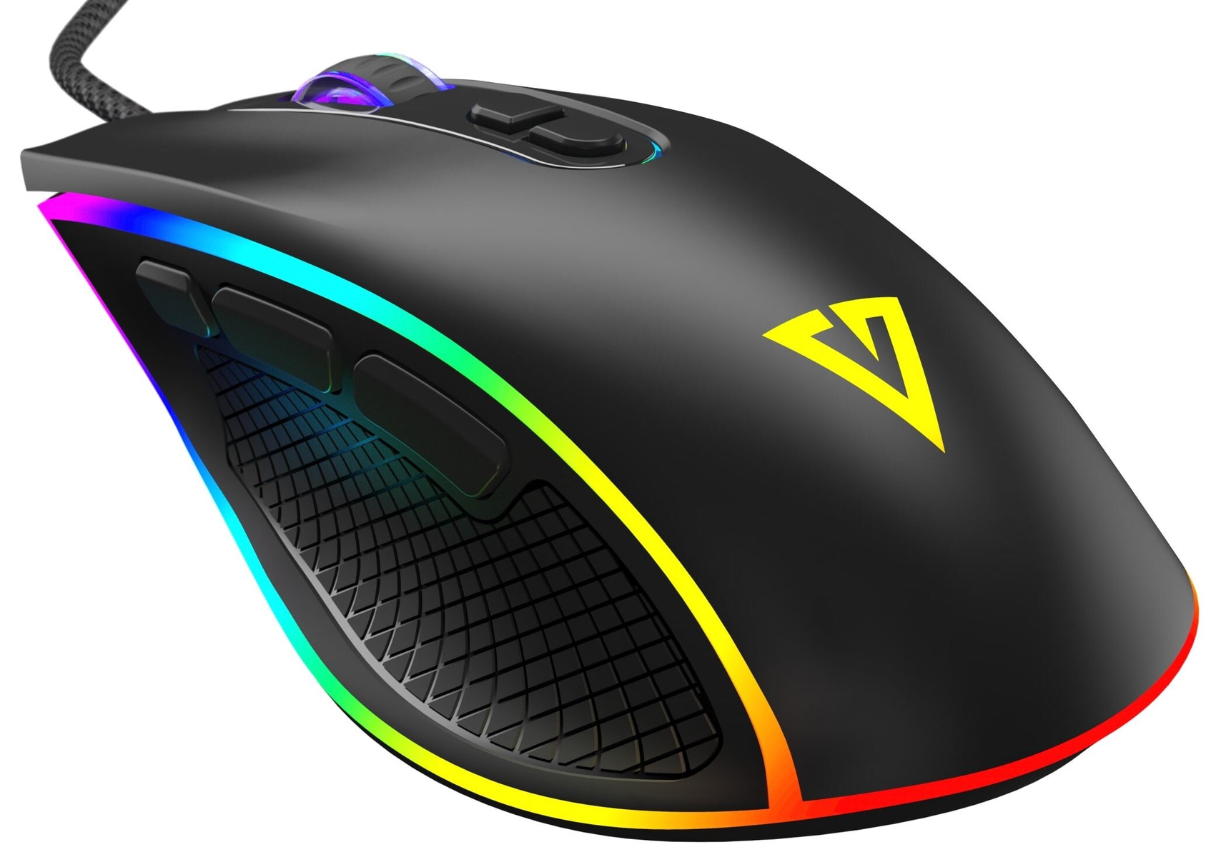 Czarna mysz do gier z oświetleniem RGB. Ma logo i przyciski. Kabel jest podłączony.