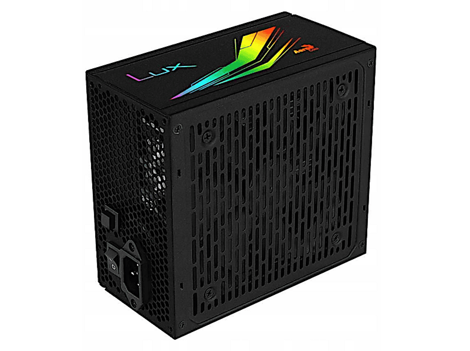 Zwarte voedingseenheid met LUX-logo en kleuraccenten. Het heeft een ventilatierooster.