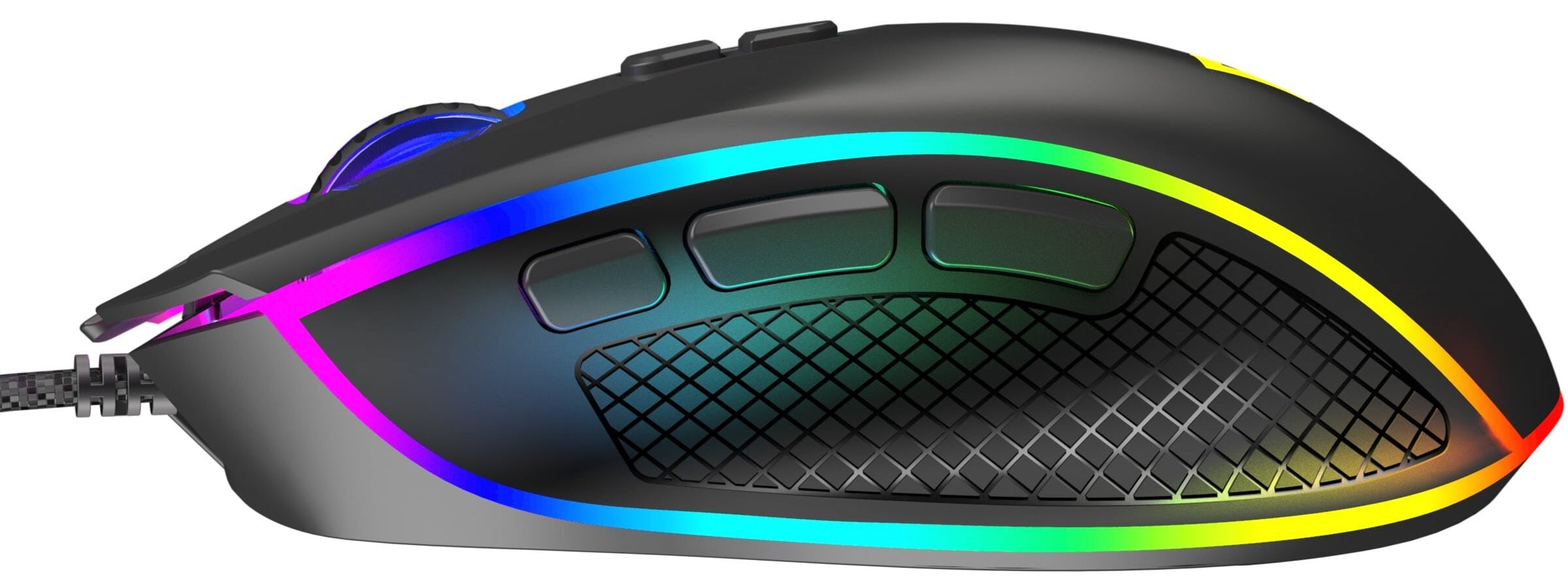 Czarna mysz gamingowa z podświetleniem RGB. Posiada przyciski i teksturowany uchwyt.