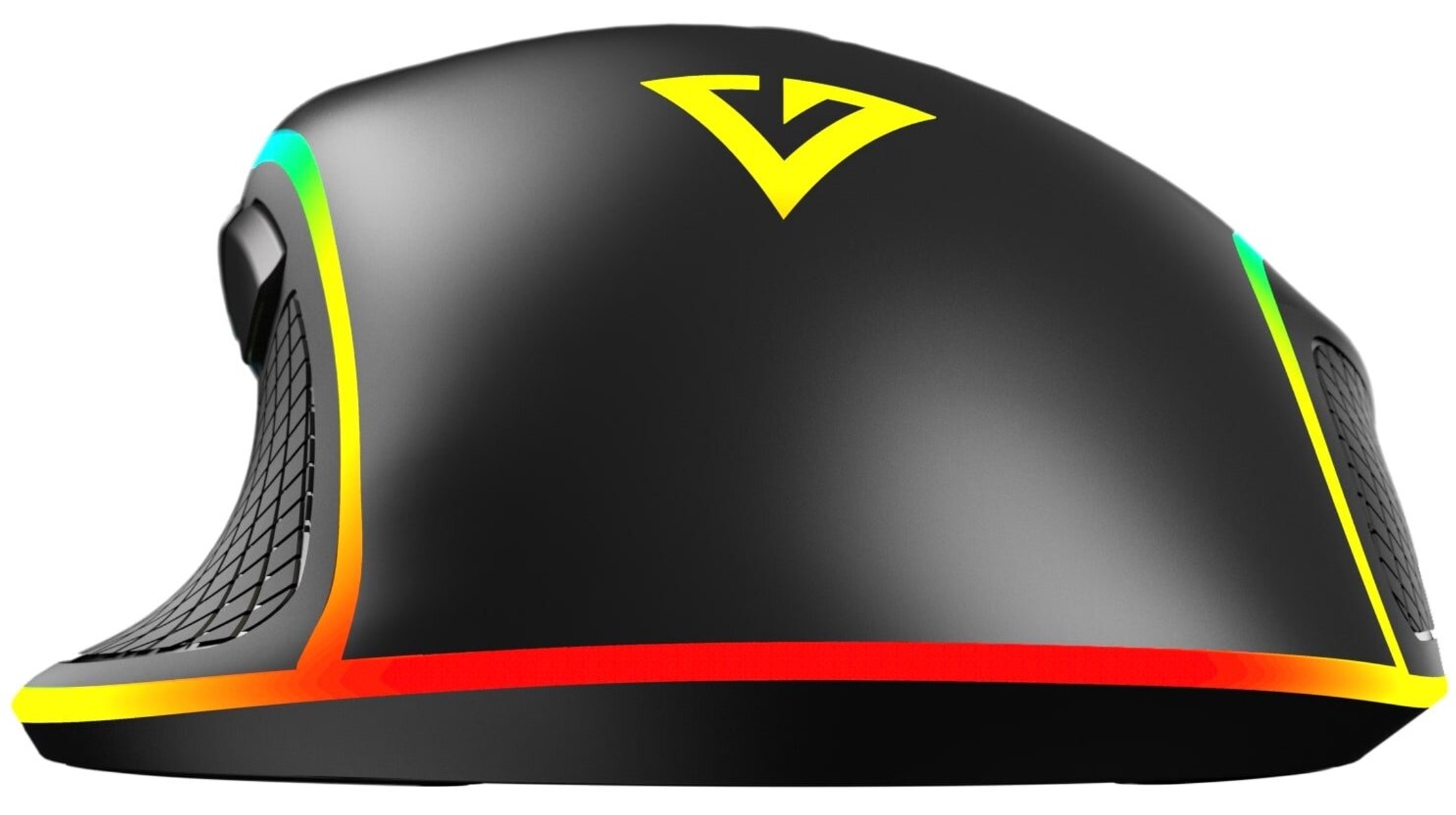 Czarna mysz do gier z oświetleniem RGB. Ma żółte logo i wzór plastra miodu z boku.